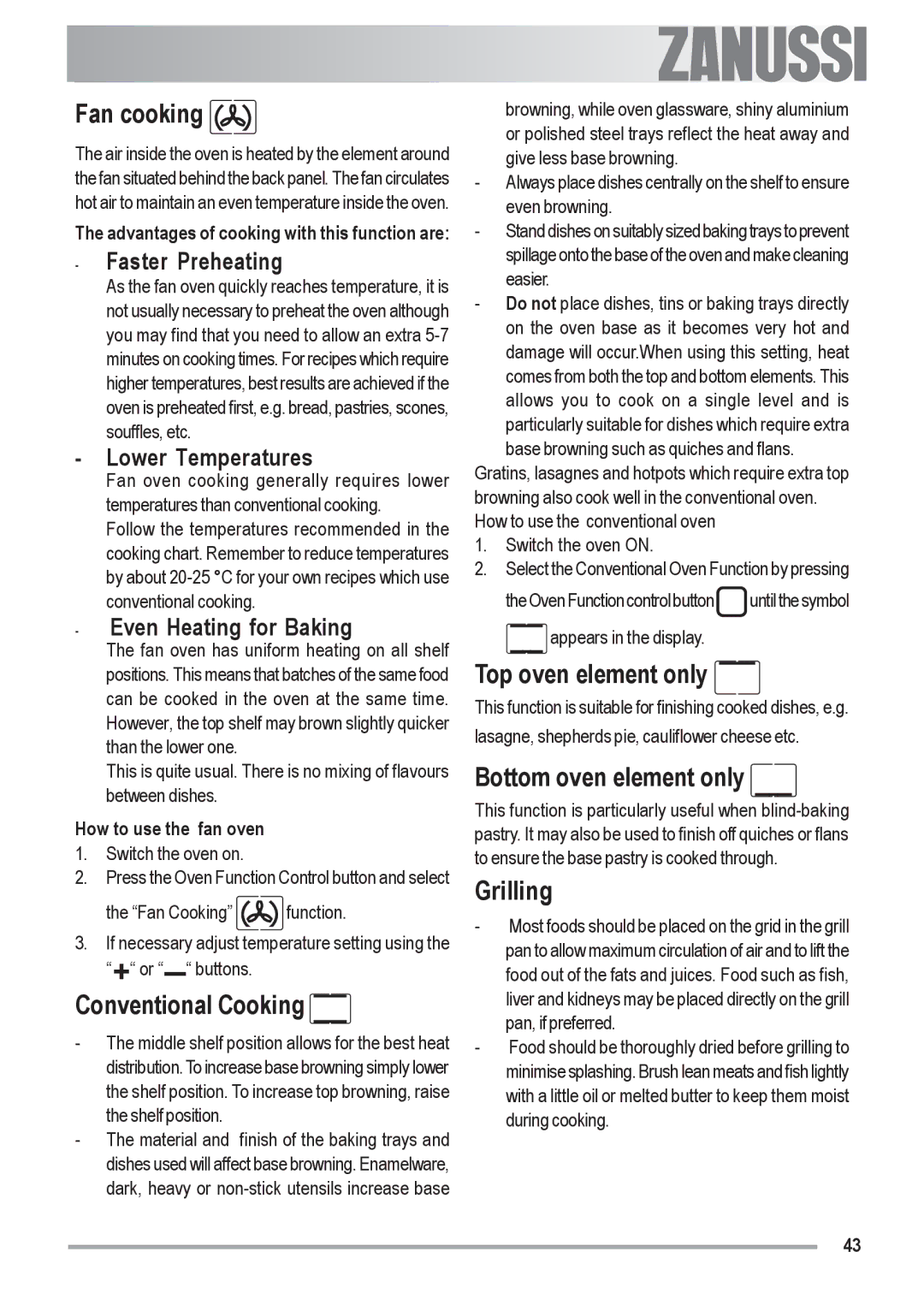 Zanussi ZOU 592 user manual Fan cooking, Conventional Cooking, Top oven element only, Bottom oven element only, Grilling 