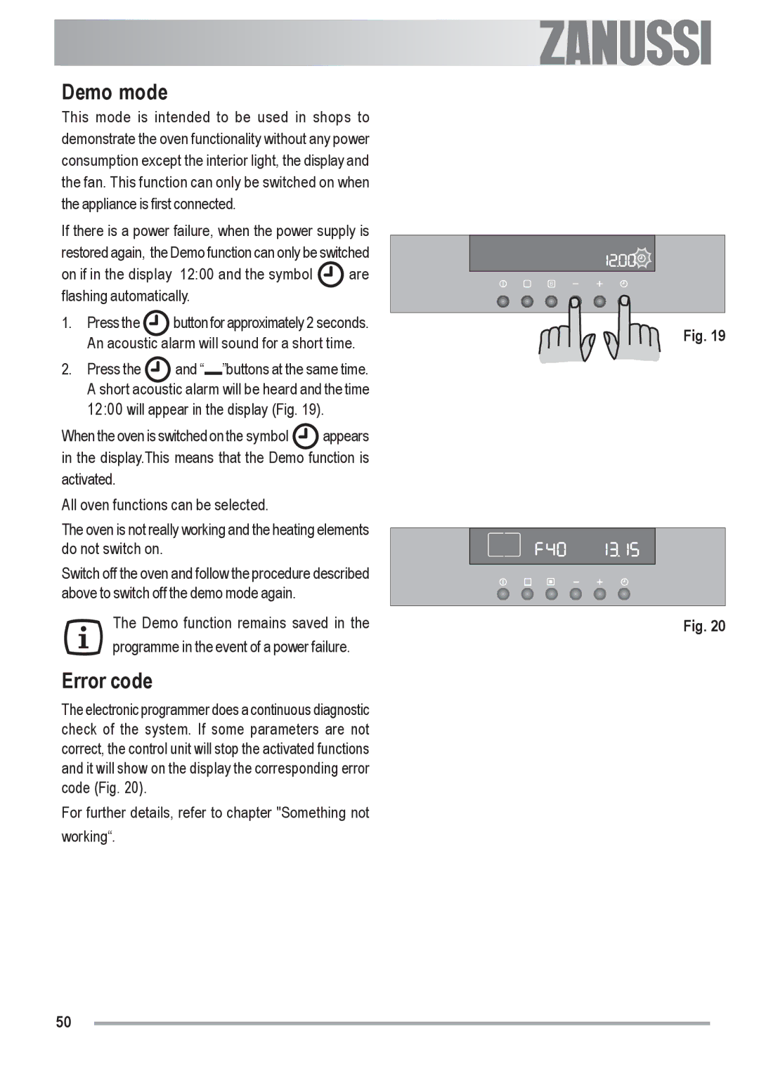 Zanussi ZOU 592 user manual Demo mode, Error code 