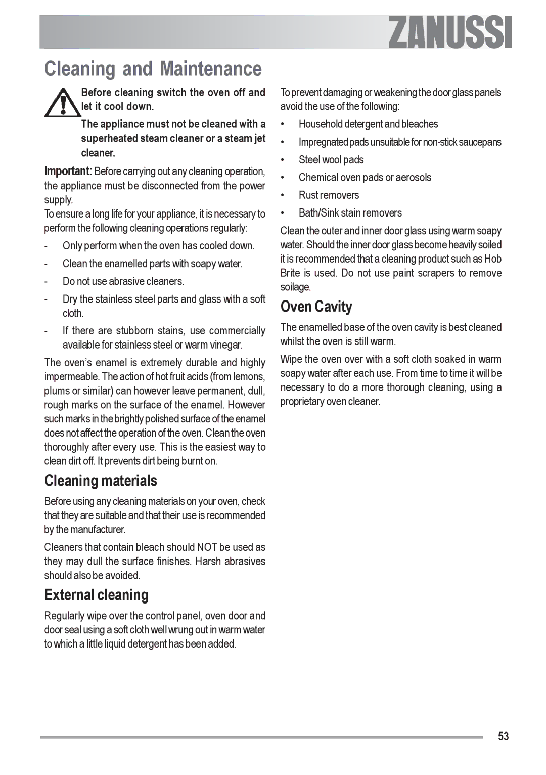 Zanussi ZOU 592 user manual Cleaning and Maintenance, Cleaning materials, External cleaning, Oven Cavity 