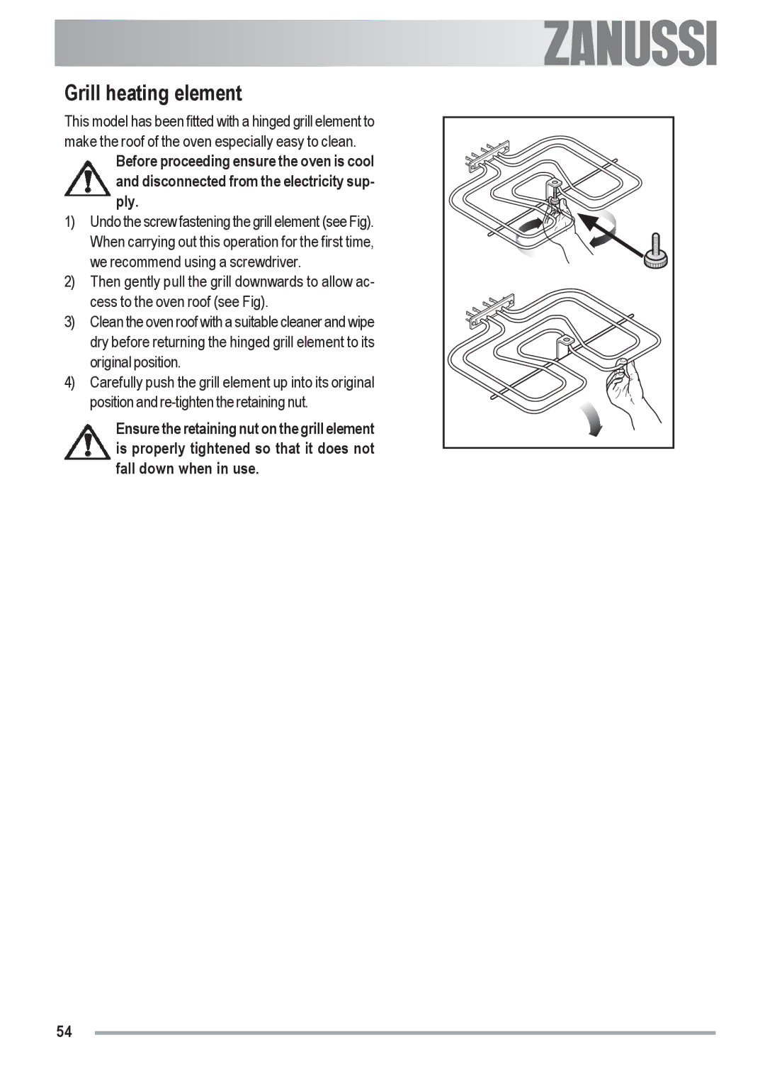 Zanussi ZOU 592 user manual Grill heating element 