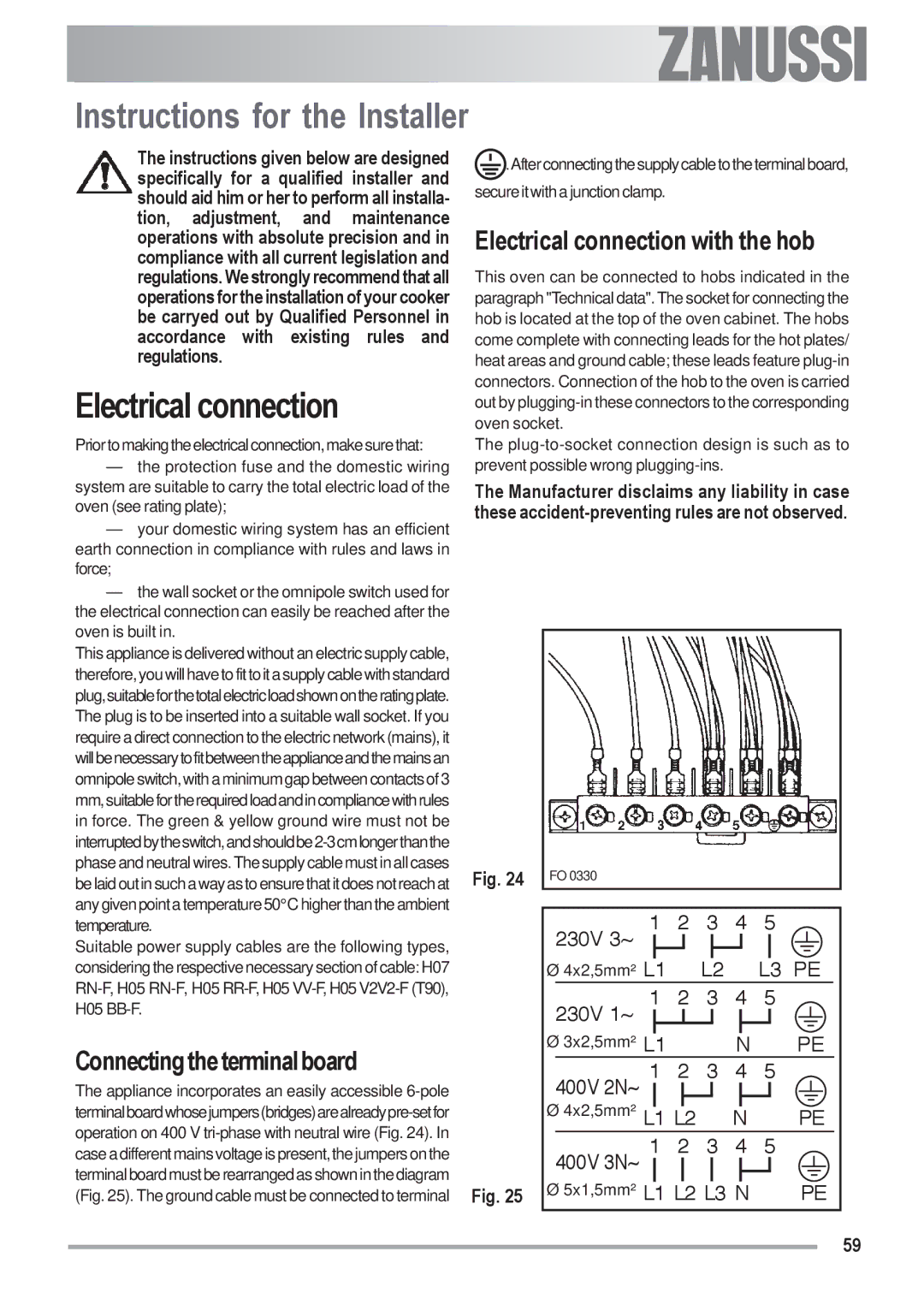 Zanussi ZOU 592 Instructions for the Installer, Connecting the terminal board, Electrical connection with the hob 