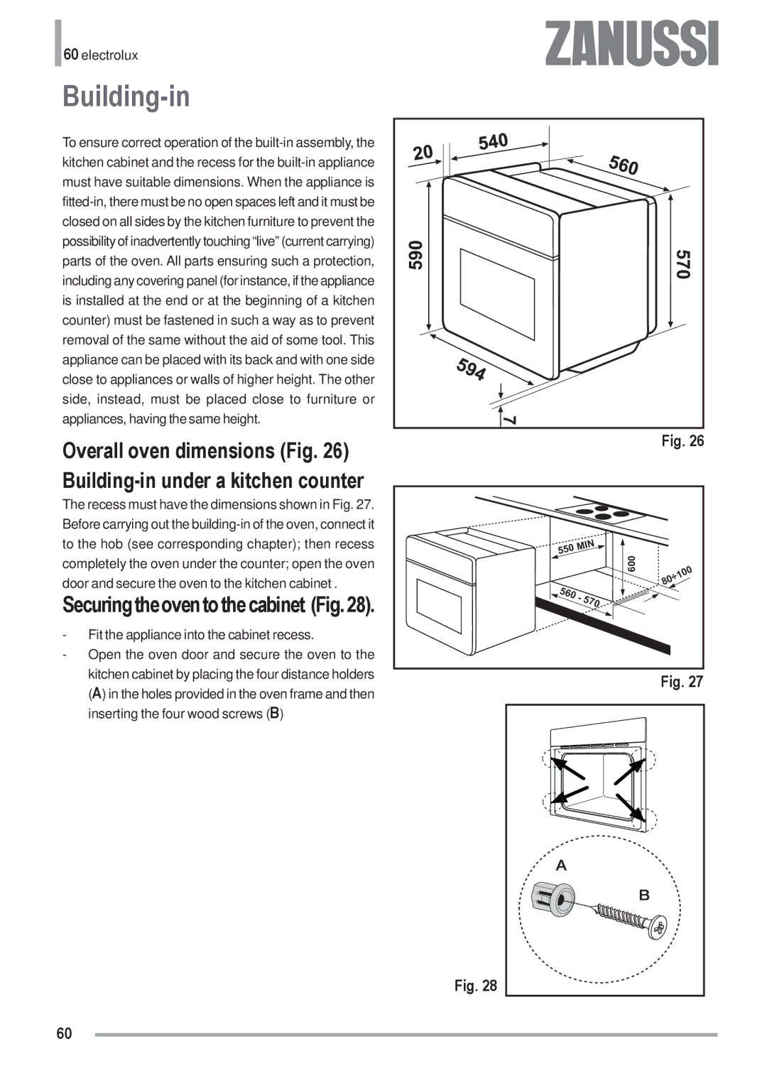 Zanussi ZOU 592 user manual Overall oven dimensions Building-in under a kitchen counter 