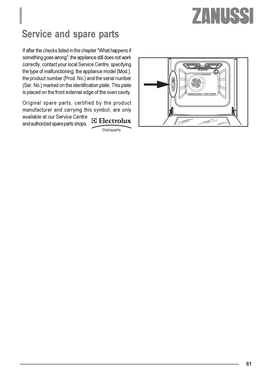 Zanussi ZOU 592 user manual Service and spare parts 