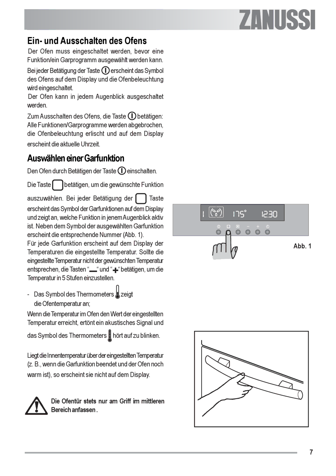 Zanussi ZOU 592 user manual Ein- und Ausschalten des Ofens, AuswähleneinerGarfunktion, Abb 