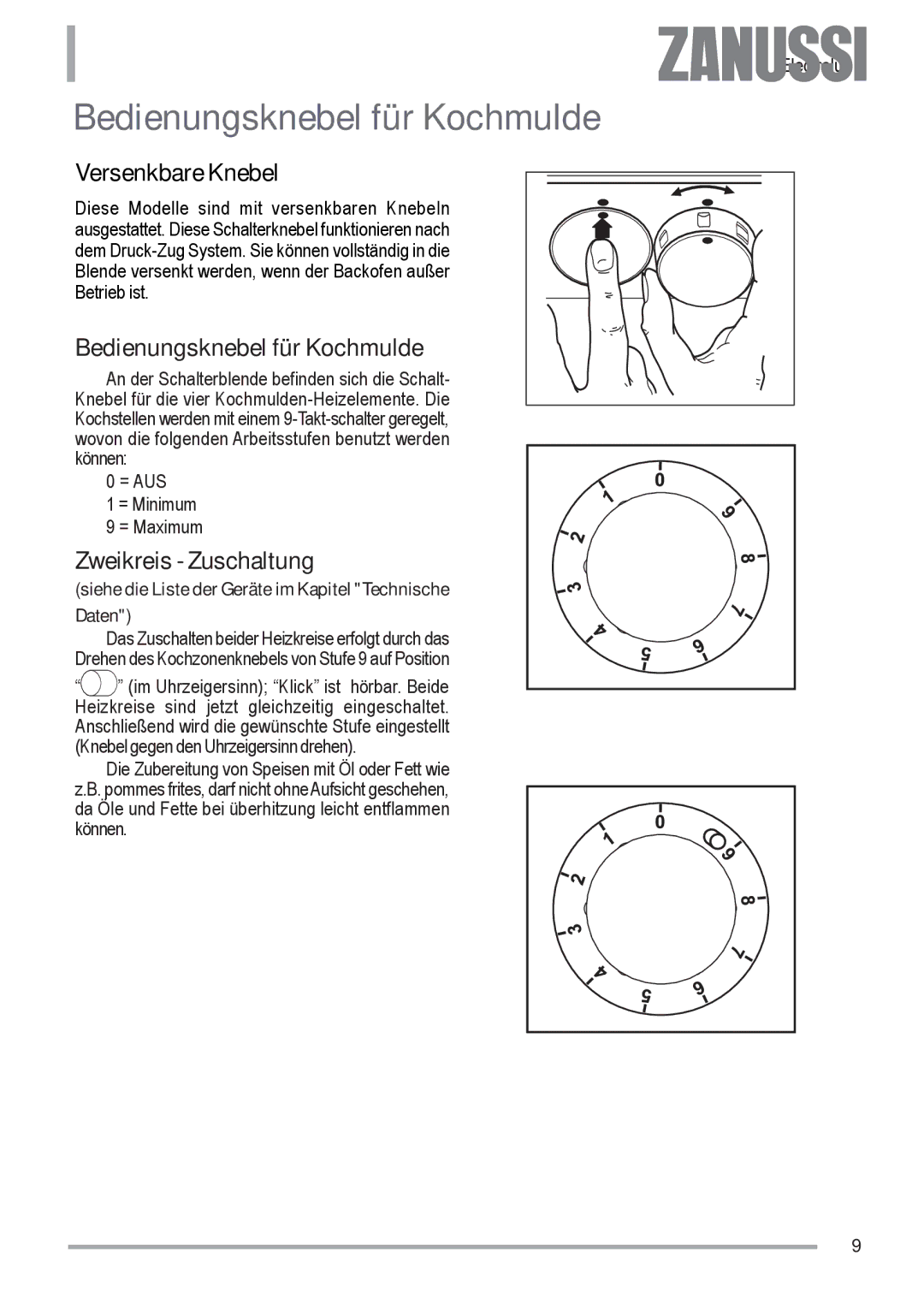 Zanussi ZOU 592 user manual Bedienungsknebel für Kochmulde, Versenkbare Knebel, Zweikreis Zuschaltung 