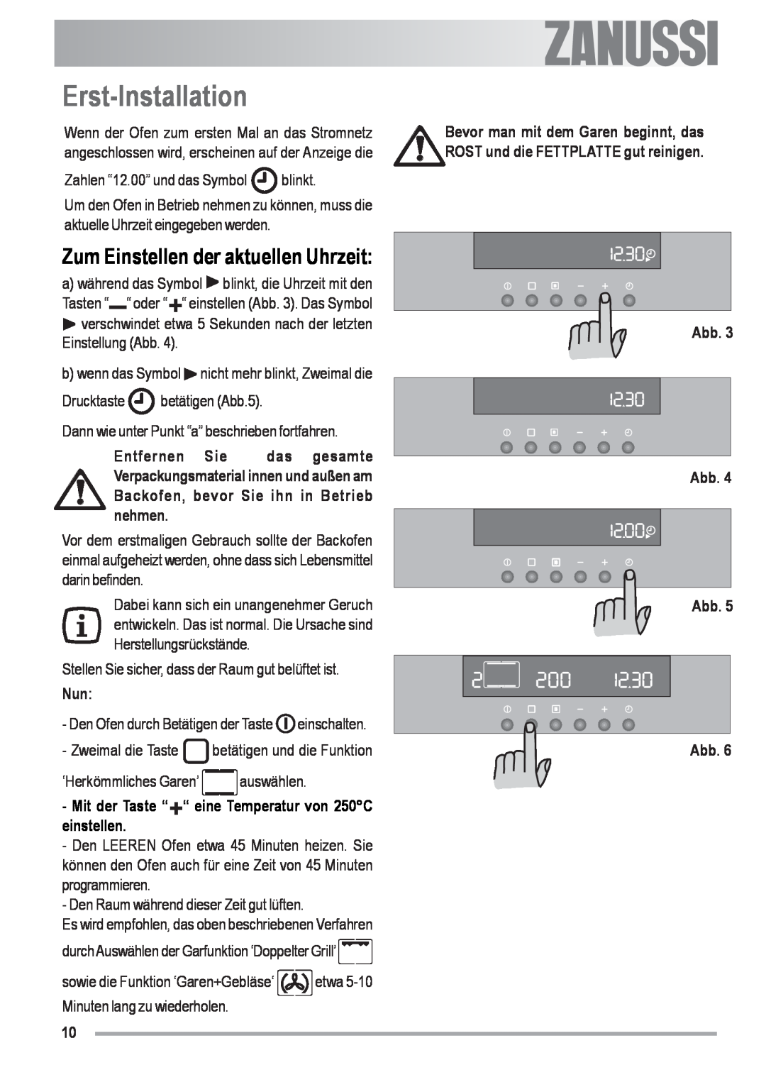 Zanussi ZOU 592 user manual Erst-Installation, Zum Einstellen der aktuellen Uhrzeit, Abb Abb Abb Abb, Electrolux 