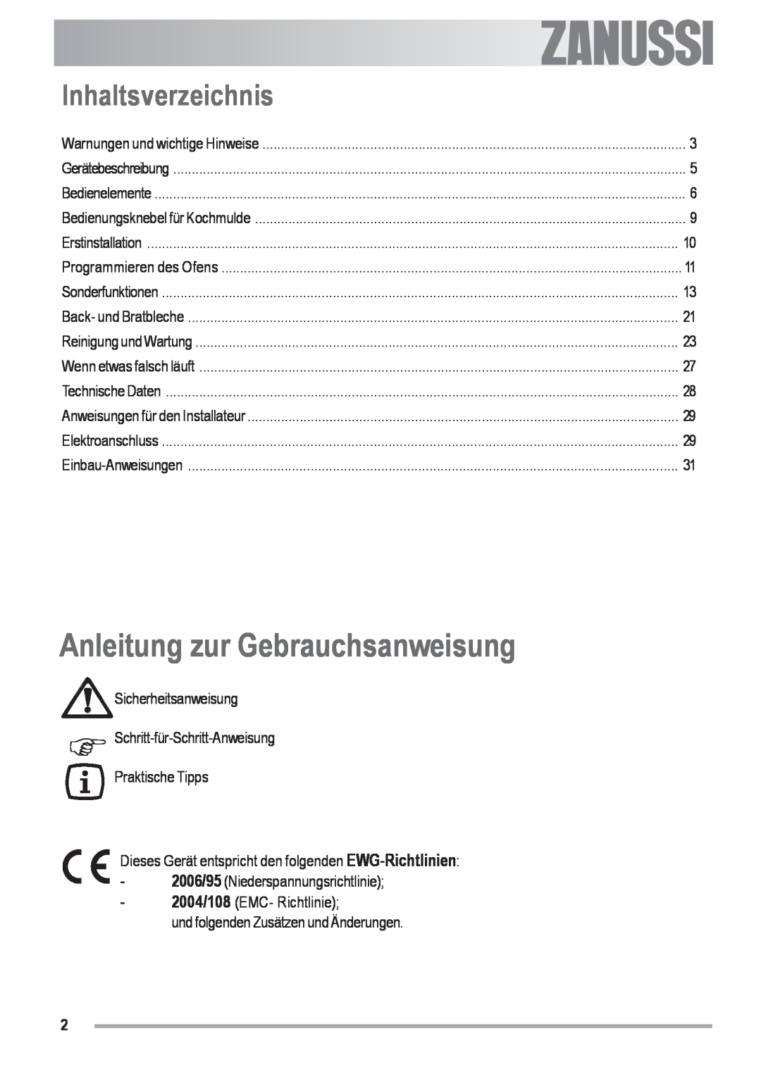 Zanussi ZOU 592 user manual Anleitung zur Gebrauchsanweisung, Inhaltsverzeichnis, Electrolux 