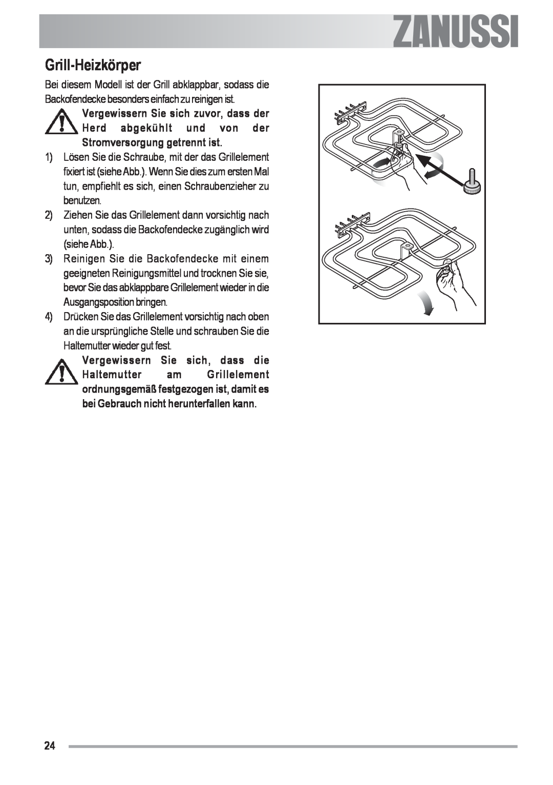 Zanussi ZOU 592 user manual Grill-Heizkörper, Vergewissern Sie sich, dass die, Electrolux 