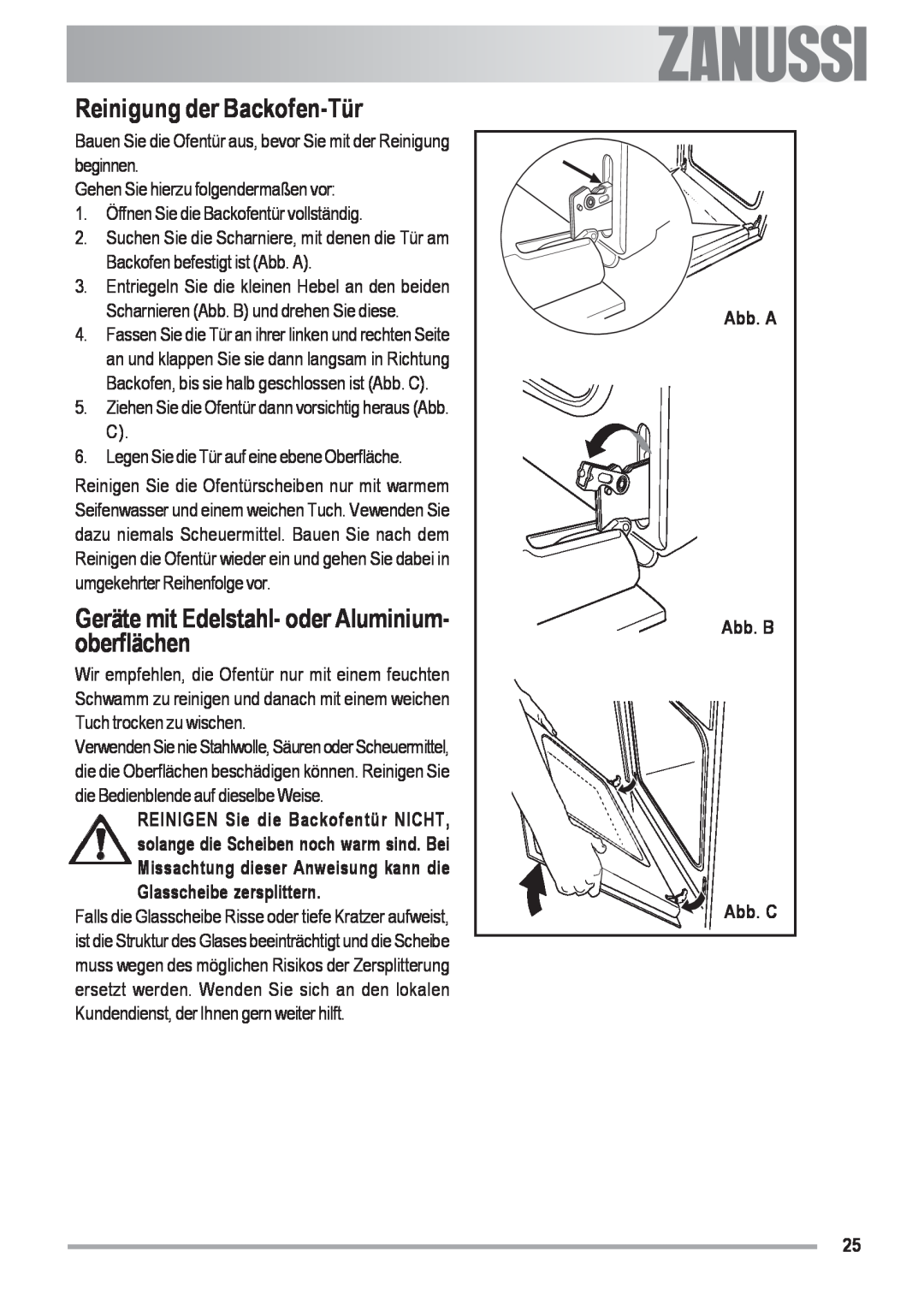 Zanussi ZOU 592 user manual Reinigung der Backofen-Tür, Geräte mit Edelstahl- oder Aluminium- oberflächen 