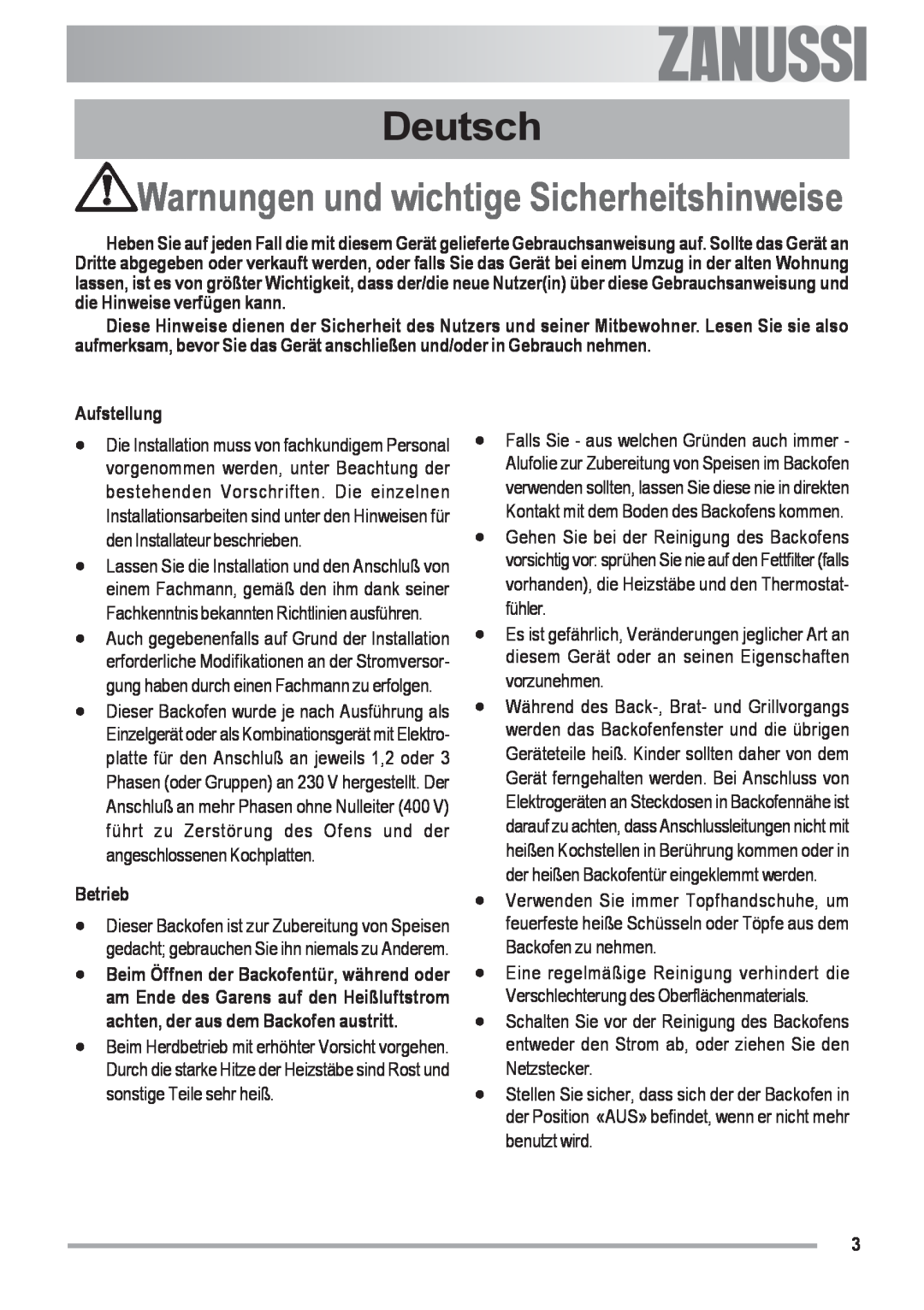 Zanussi ZOU 592 user manual Deutsch, Warnungen und wichtige Sicherheitshinweise, Aufstellung, Betrieb 
