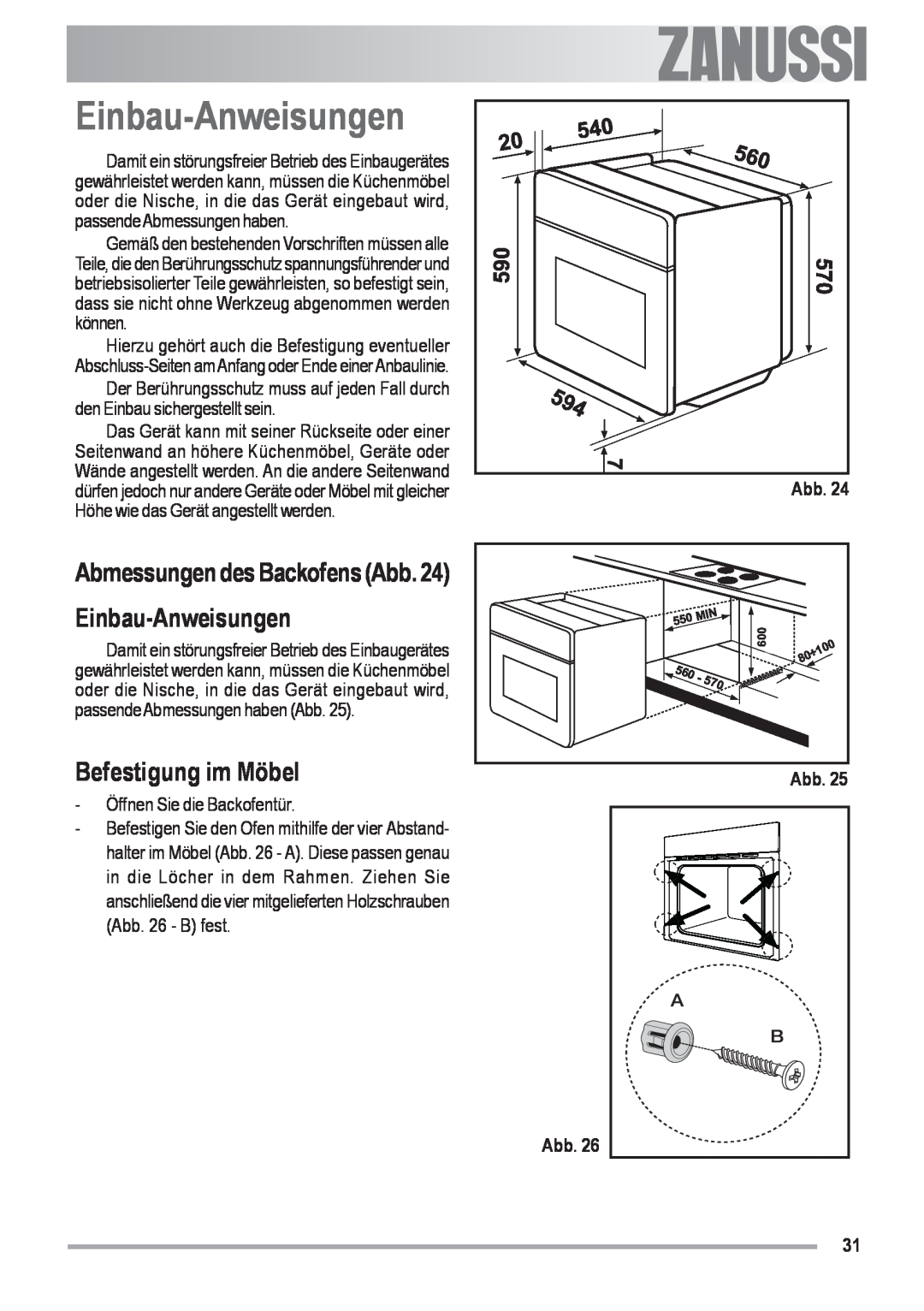 Zanussi ZOU 592 user manual Befestigung im Möbel, Abmessungen des Backofens Abb. 24 Einbau-Anweisungen 