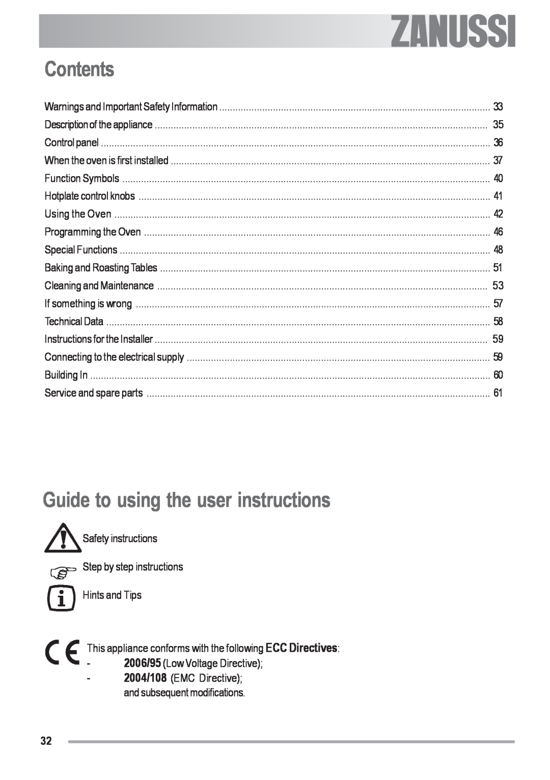 Zanussi ZOU 592 user manual Contents, Guide to using the user instructions, electrolux, Safety instructions 