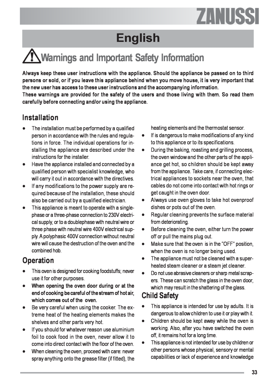 Zanussi ZOU 592 user manual English, Warnings and Important Safety Information, Installation, Operation, Child Safety 
