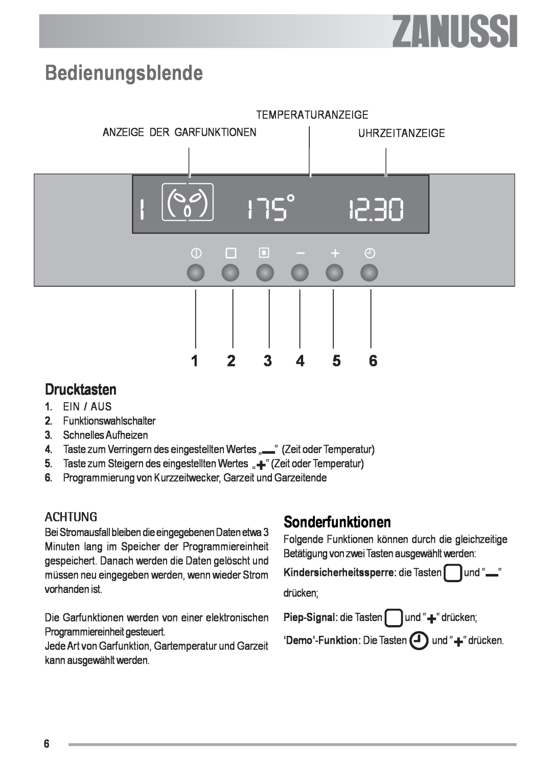 Zanussi ZOU 592 user manual Bedienungsblende, 1 2 3 4 5 Drucktasten, Sonderfunktionen, Achtung, Electrolux 
