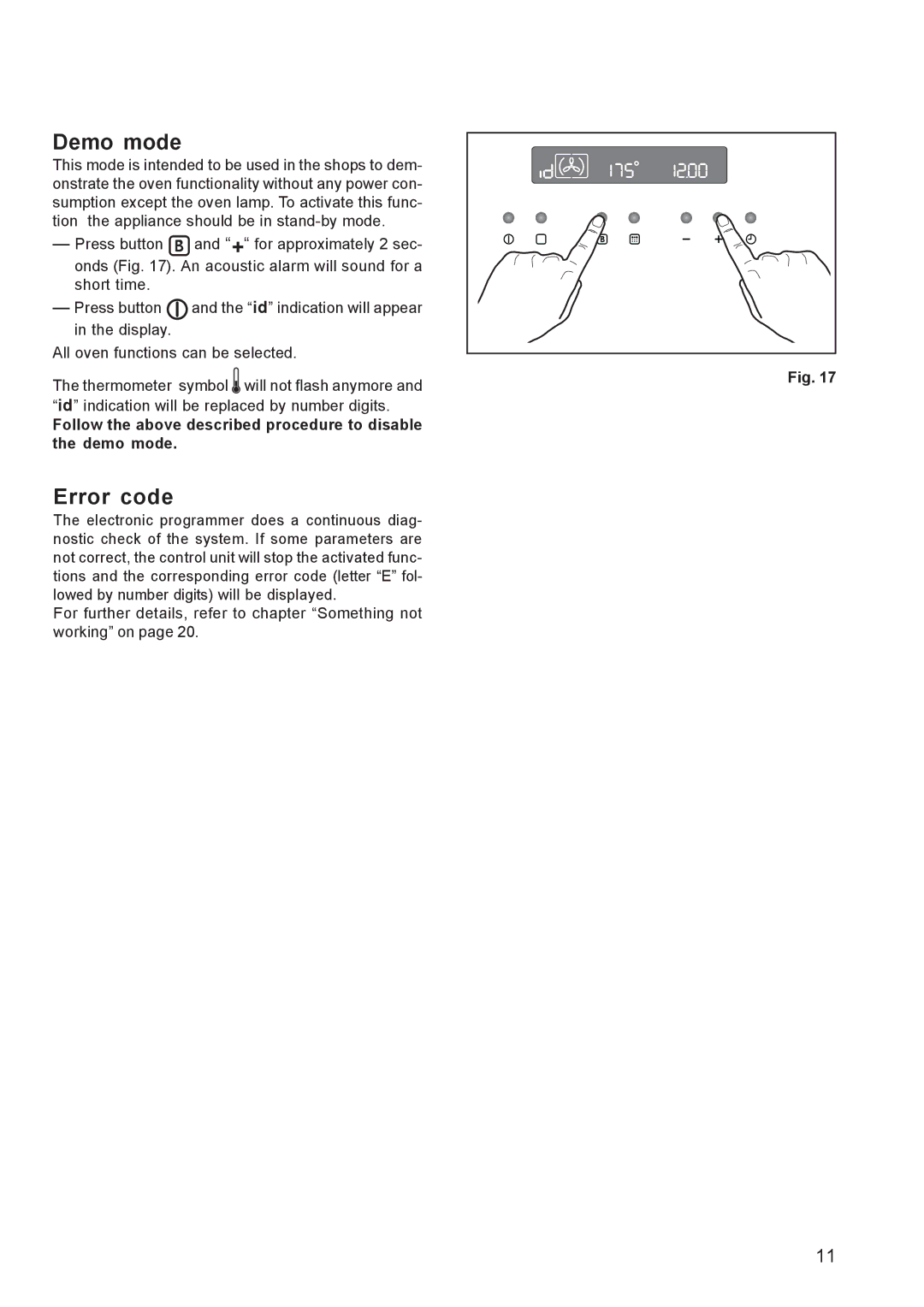 Zanussi ZPB 1260 manual Error code, Follow the above described procedure to disable Demo mode 