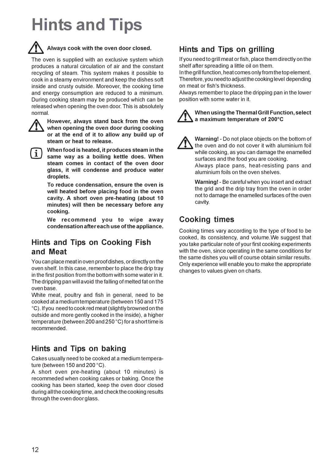 Zanussi ZPB 1260 manual Hints and Tips on Cooking Fish and Meat, Hints and Tips on baking, Hints and Tips on grilling 