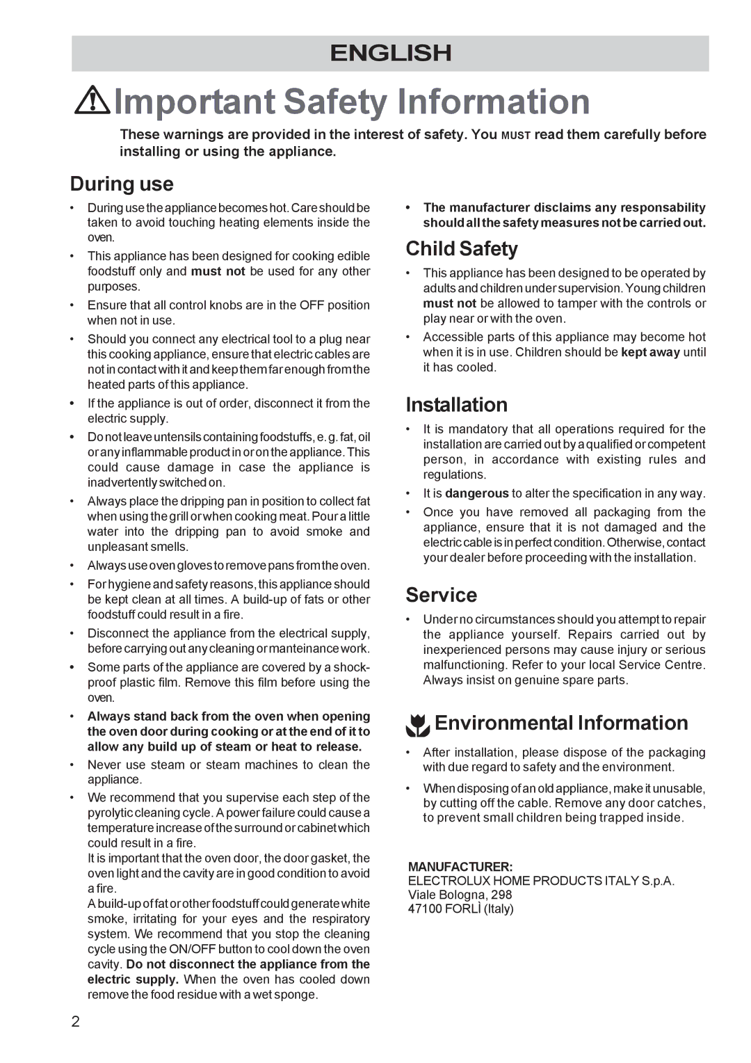 Zanussi ZPB 1260 manual During use, Child Safety, Installation, Service, Environmental Information 