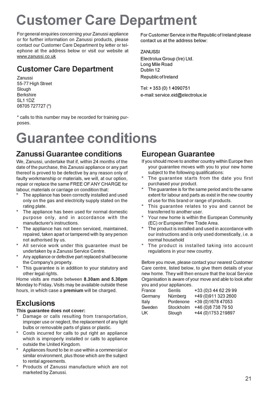 Zanussi ZPB 1260 manual Customer Care Department, Guarantee conditions 