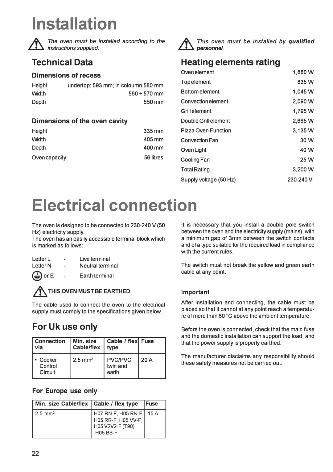 Zanussi ZPB 1260 Installation, Electrical connection, Technical Data, Heating elements rating, For Uk use only, Connection 