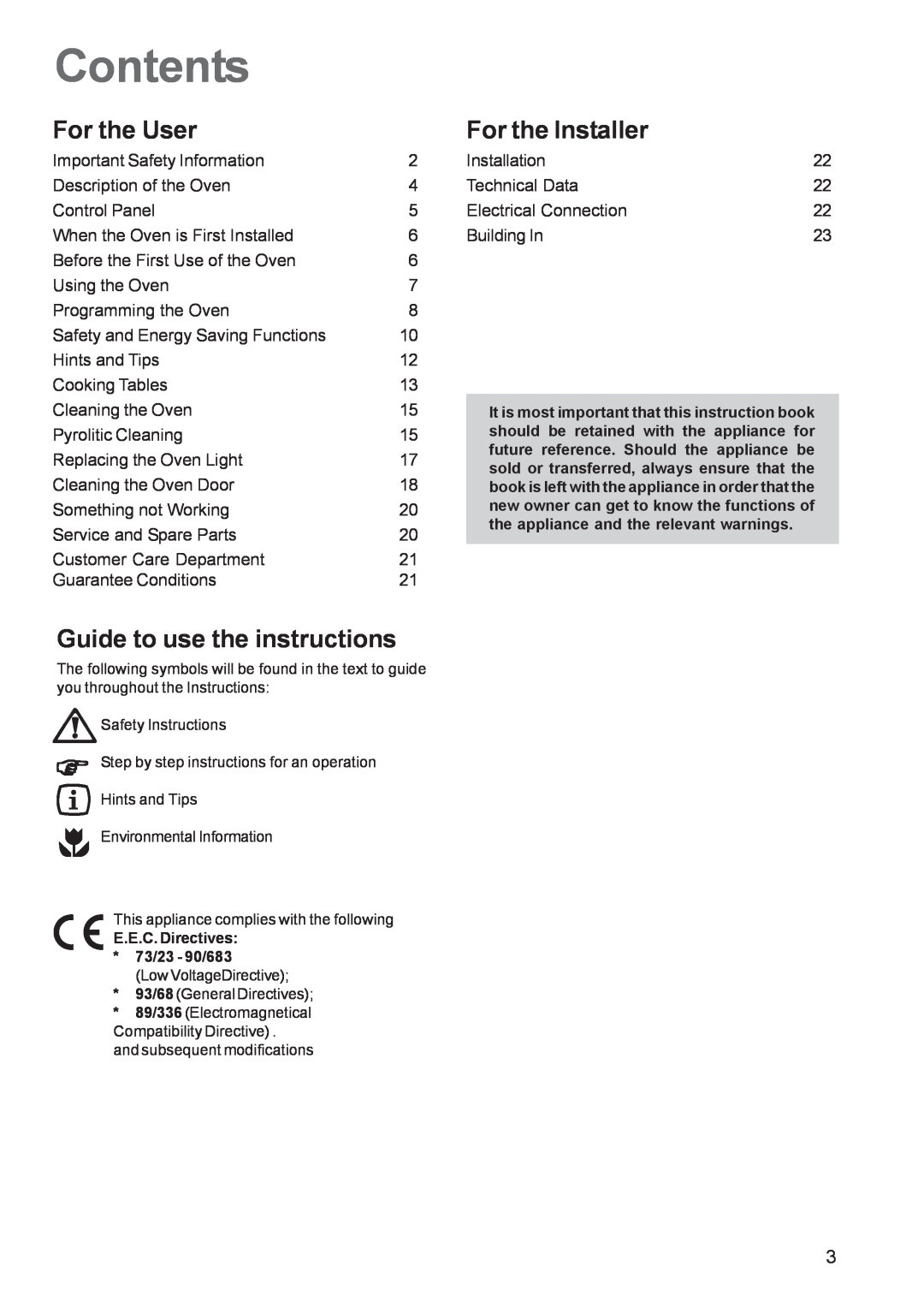 Zanussi ZPB 1260 manual Contents, For the User, Guide to use the instructions, For the Installer 