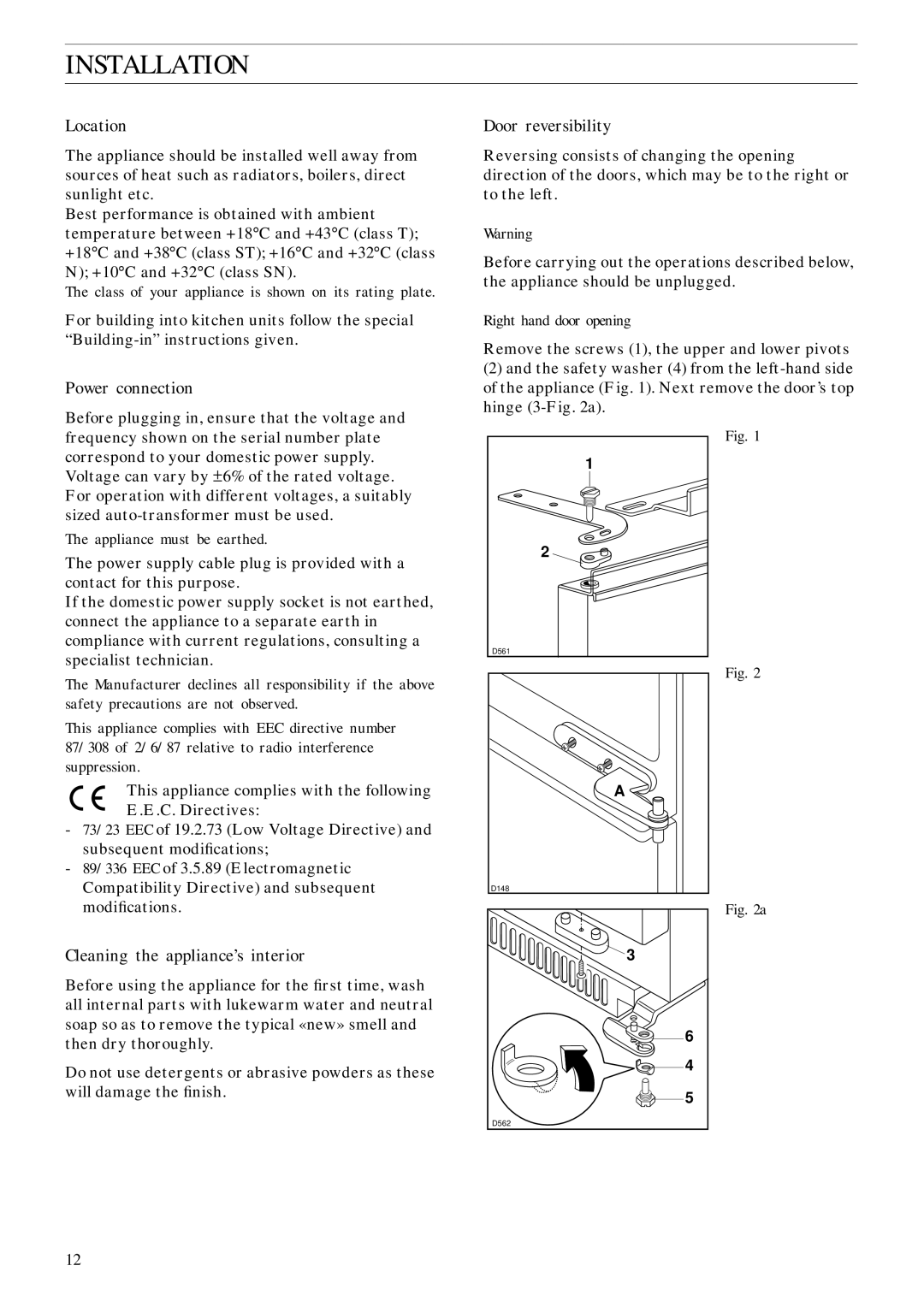 Zanussi ZPC 428 DM manual Installation, Location, Power connection, Cleaning the appliance’s interior, Door reversibility 