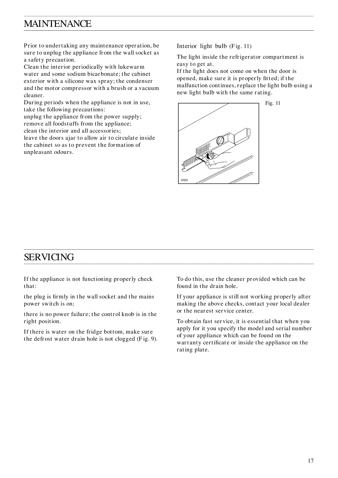 Zanussi ZPC 428 DM manual Maintenance, Servicing, Interior light bulb Fig 