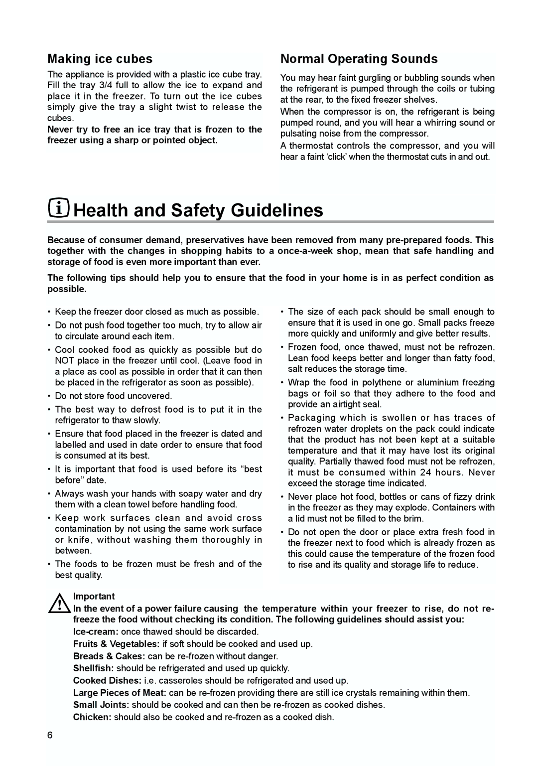 Zanussi ZQF6114 manual Health and Safety Guidelines, Making ice cubes, Normal Operating Sounds 