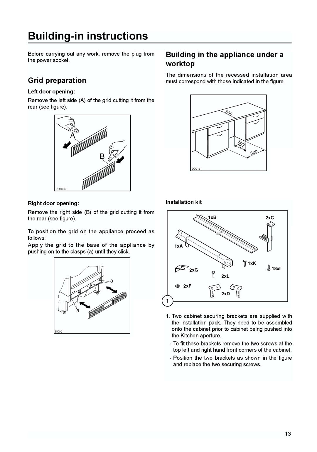 Zanussi ZQS 6140 manual Building-in instructions, Building in the appliance under a, Worktop, Grid preparation 