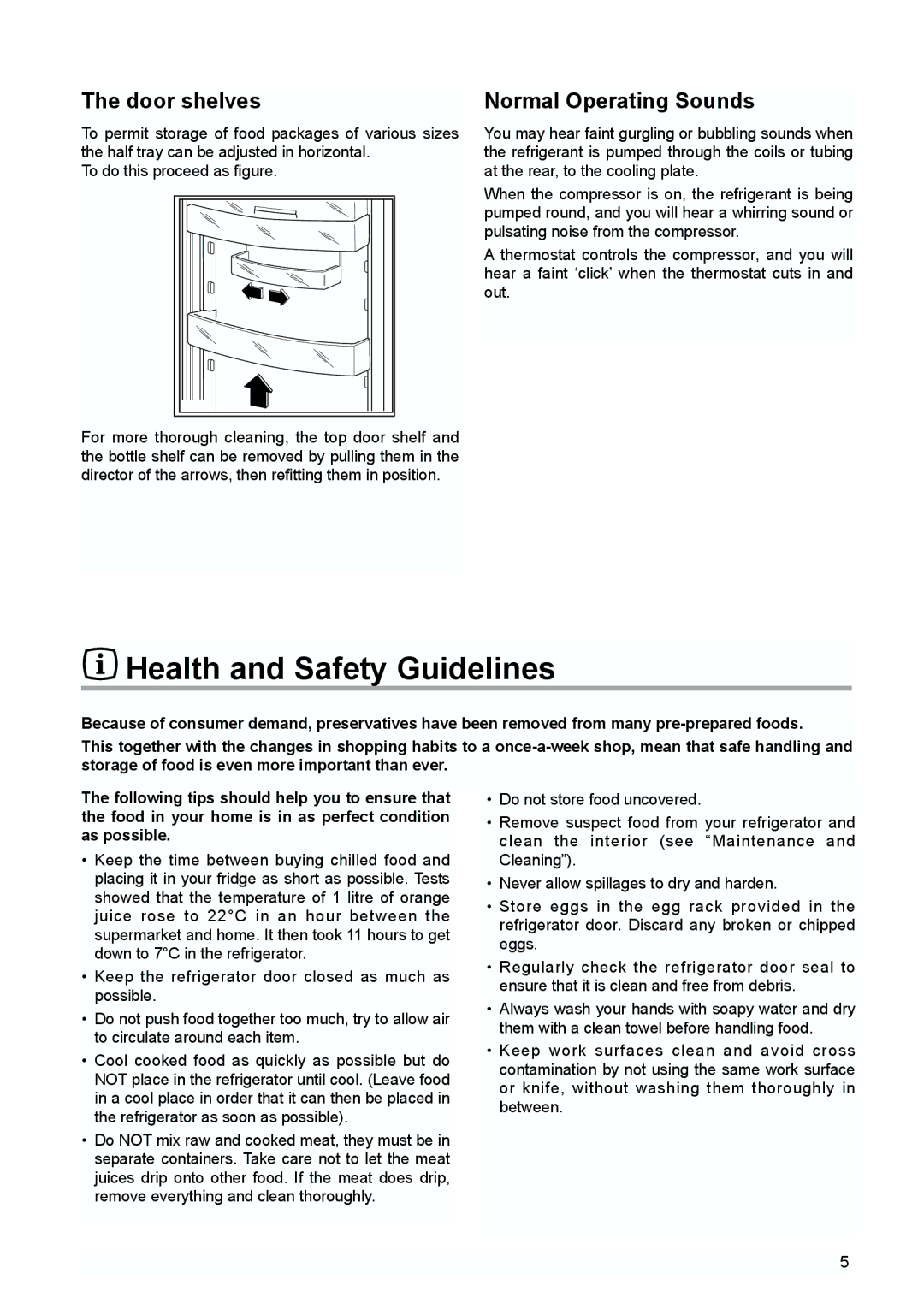 Zanussi ZQS 6140 manual Health and Safety Guidelines, Door shelves, Normal Operating Sounds 