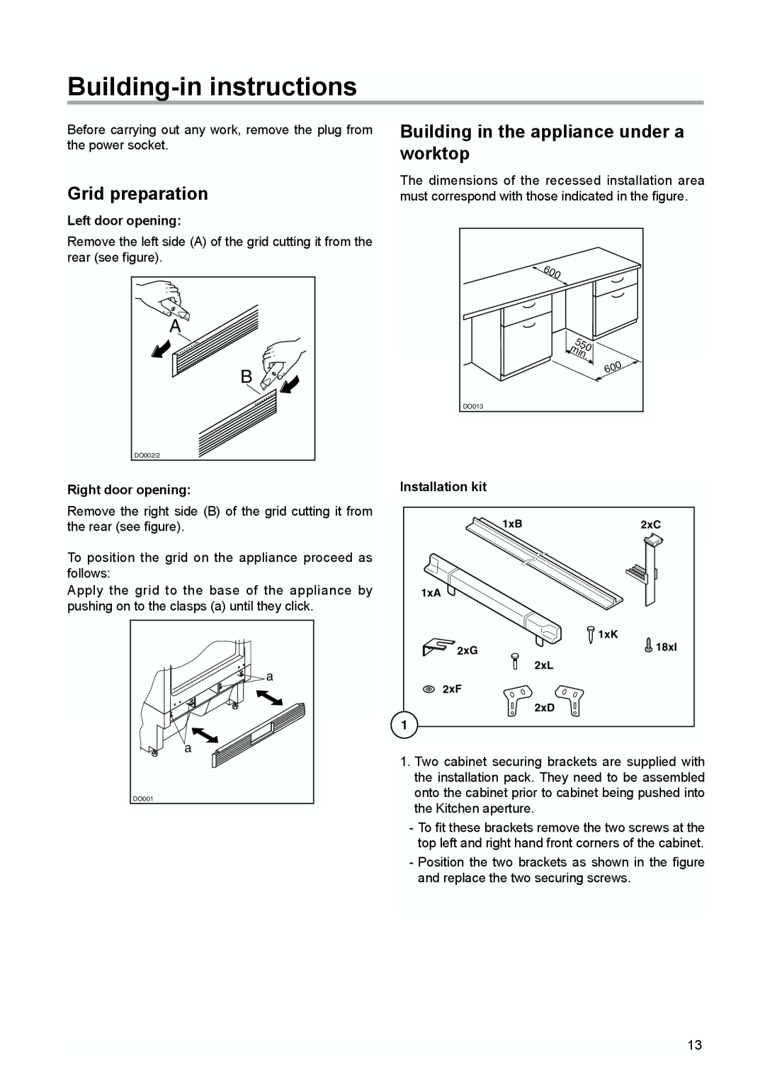 Zanussi ZQS 6140 manual Building-ininstructions, Building in the appliance under a, worktop, Grid preparation 