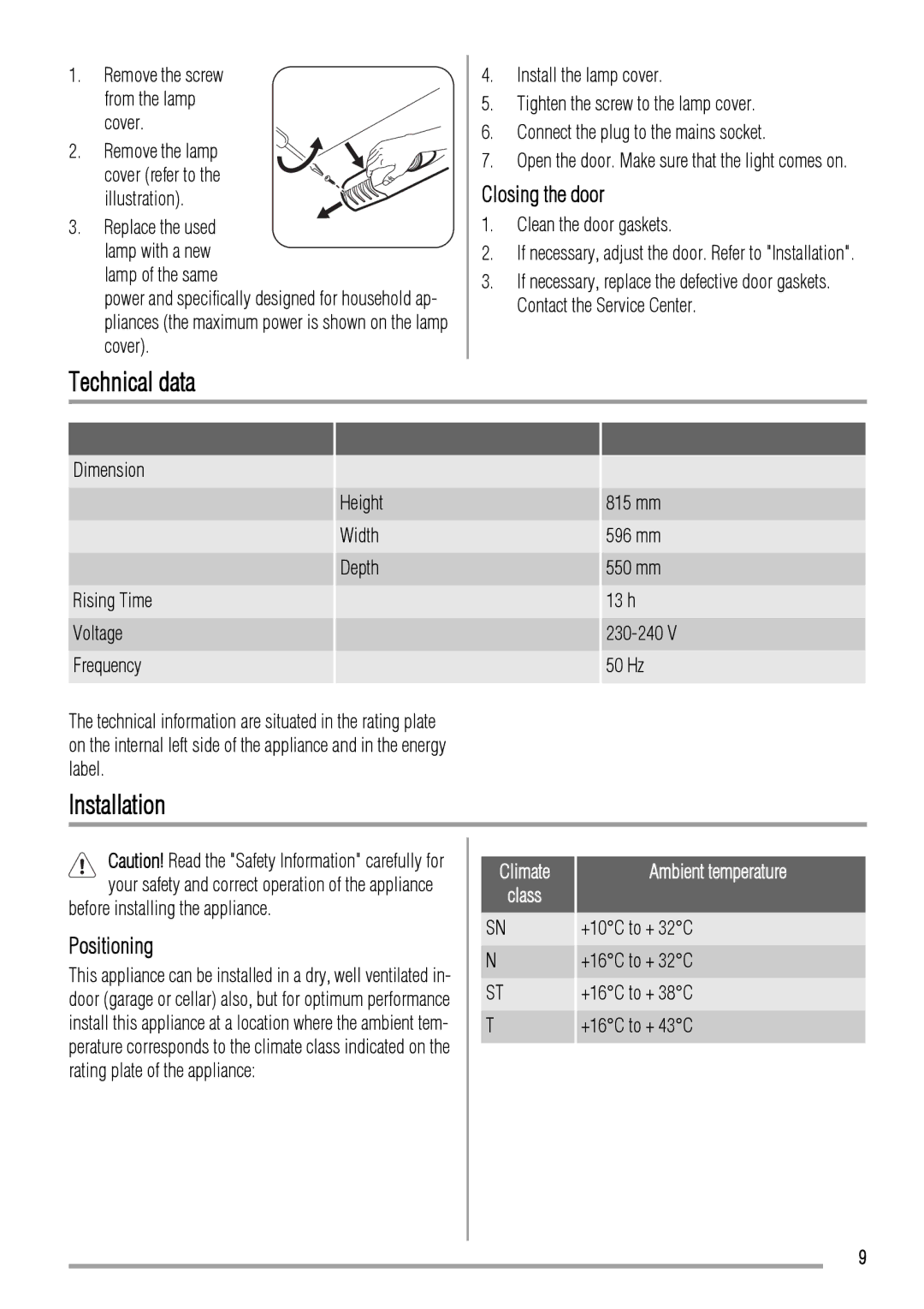 Zanussi ZQS3124A user manual Technical data, Installation, Closing the door, Positioning, Class Ambient temperature 