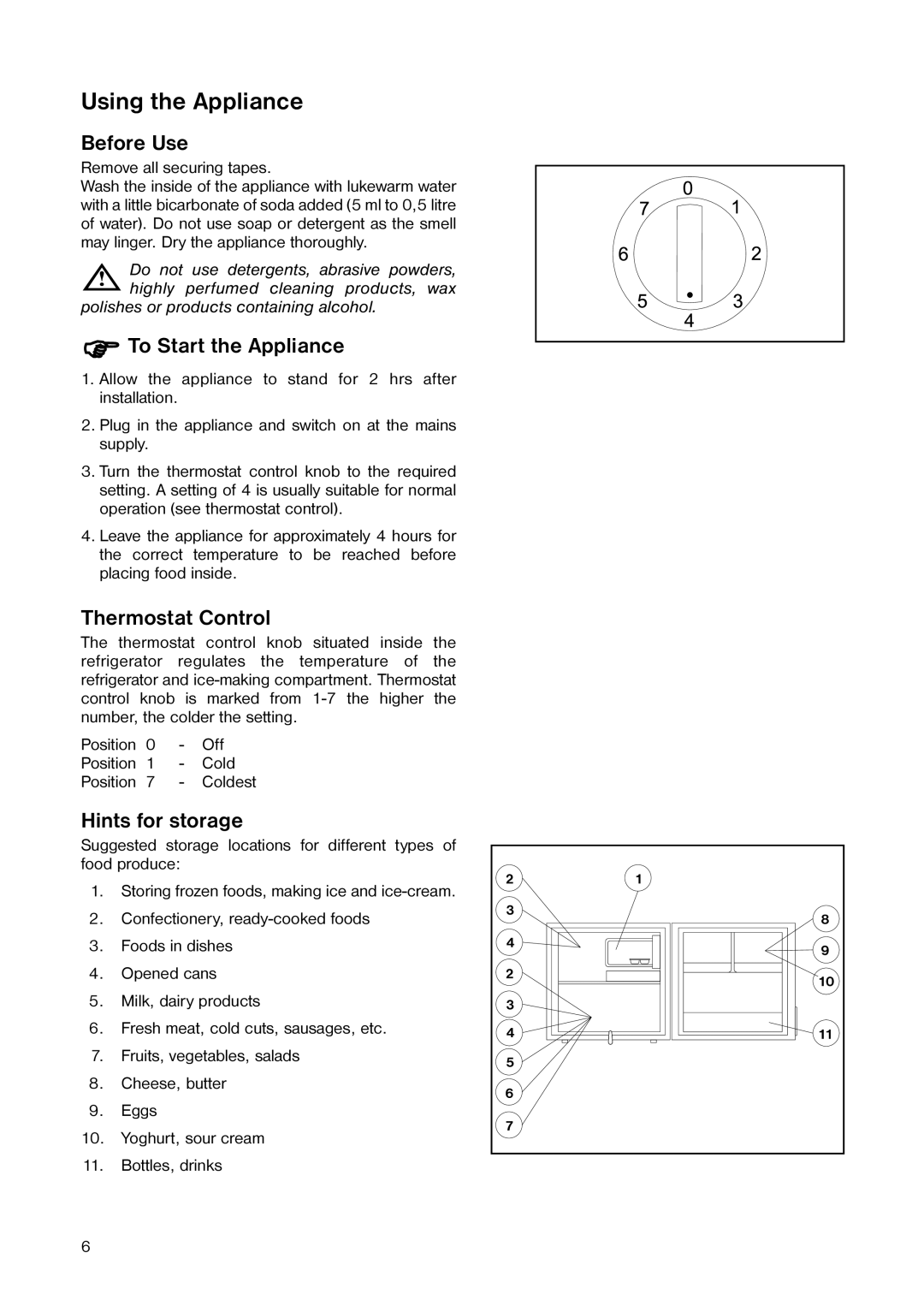 Zanussi ZR 23 W manual Using the Appliance, Before Use, To Start the Appliance, Thermostat Control, Hints for storage 