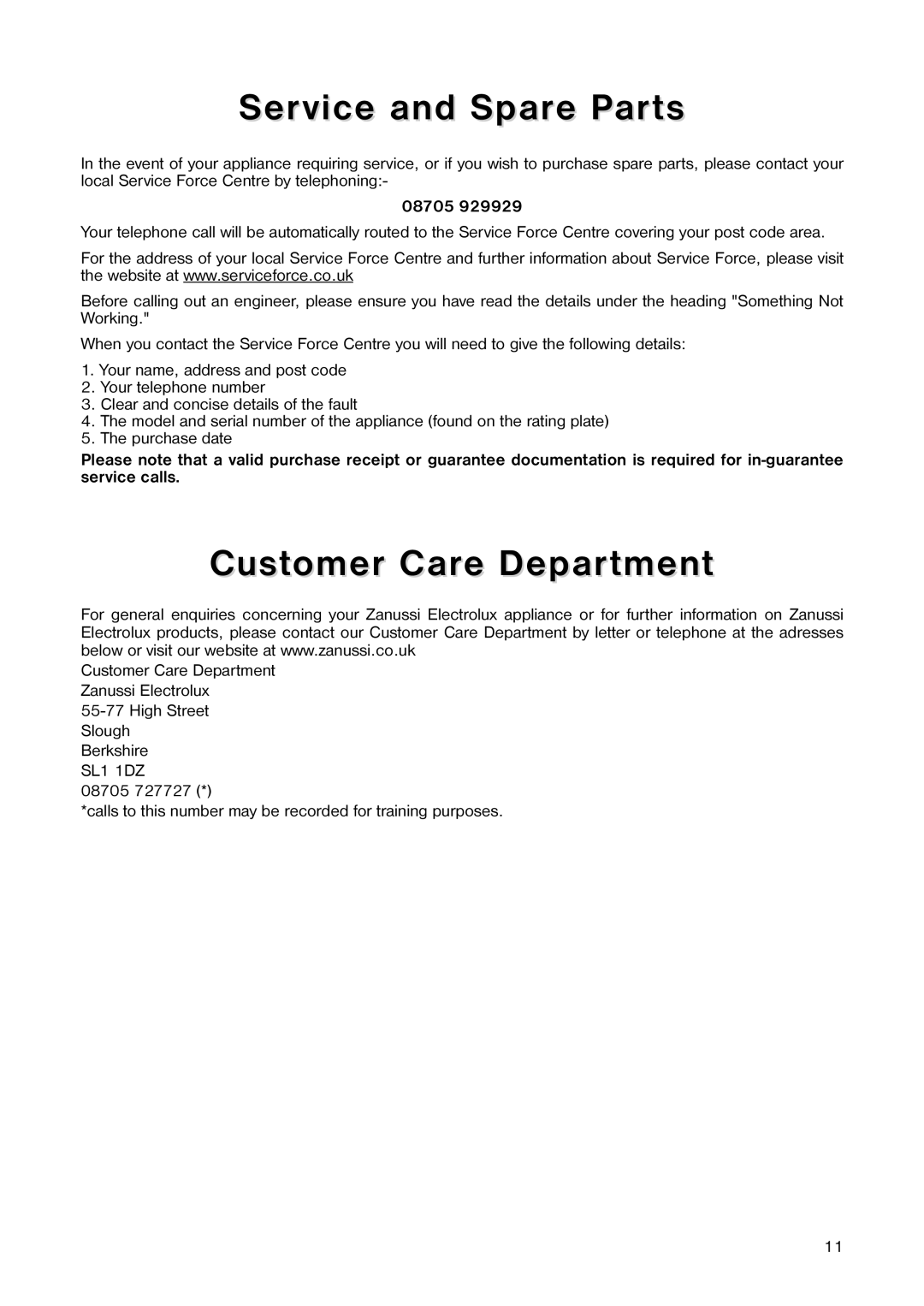 Zanussi ZR 23 W manual Service and Spare Parts, Customer Care Department, 08705 
