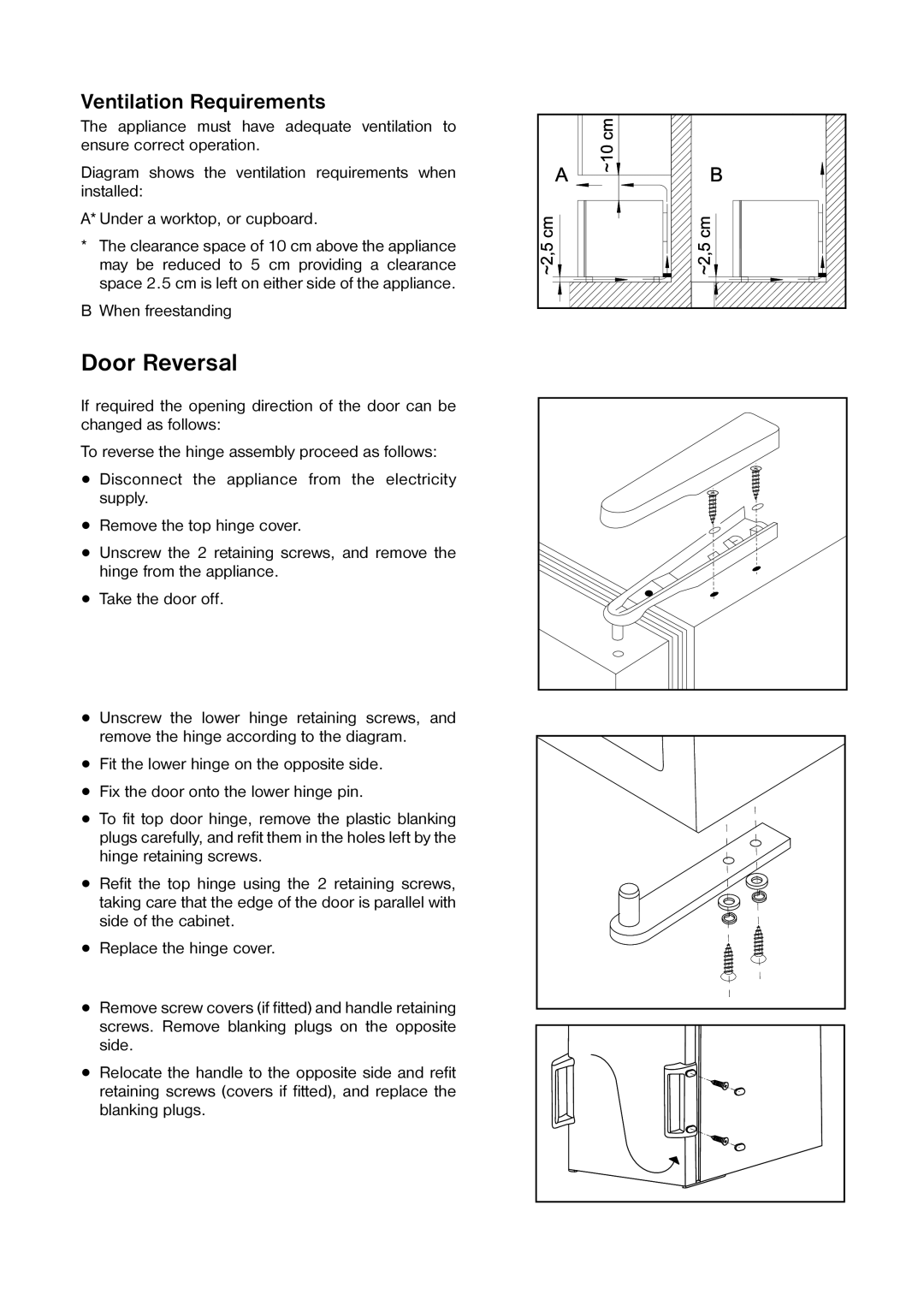 Zanussi ZR 23 W manual Door Reversal, Ventilation Requirements 