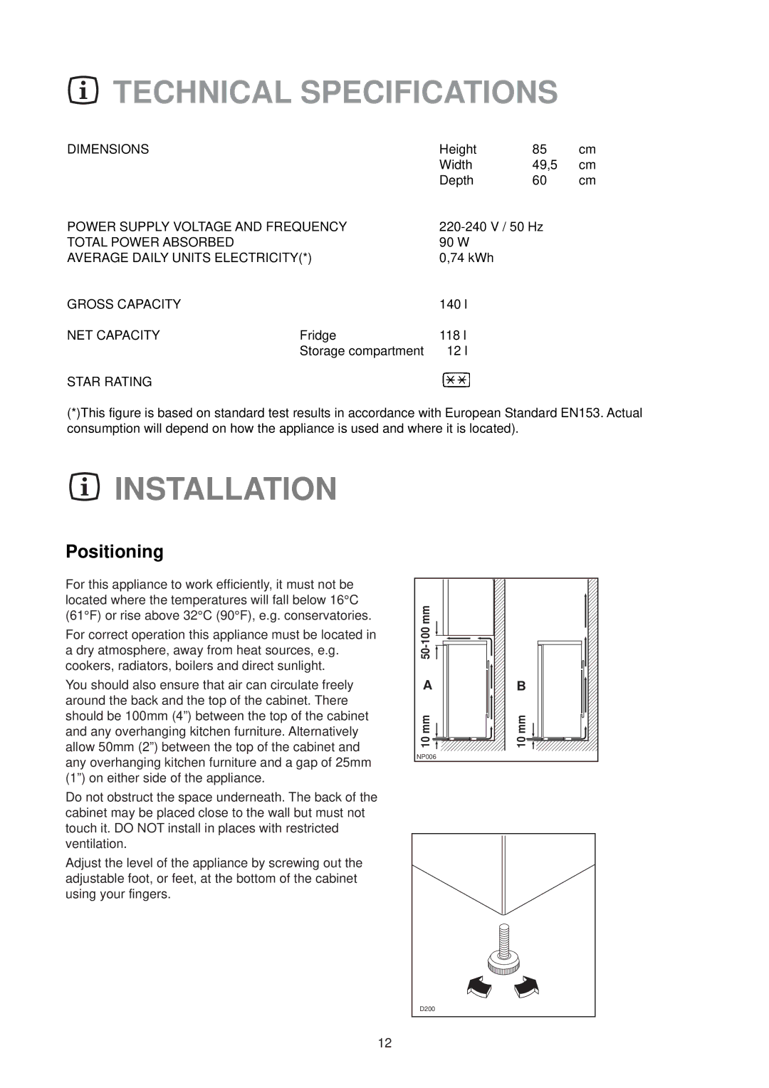 Zanussi ZR 25/1 W manual Technical Specifications, Installation, Positioning 