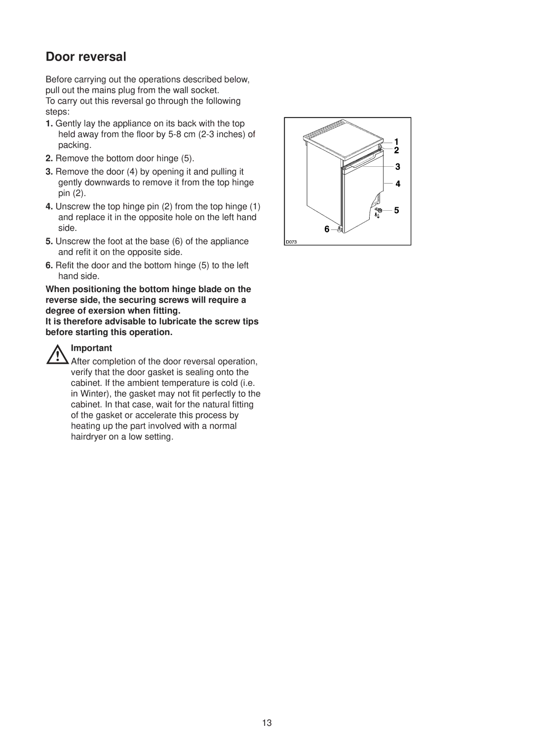 Zanussi ZR 25/1 W manual Door reversal 