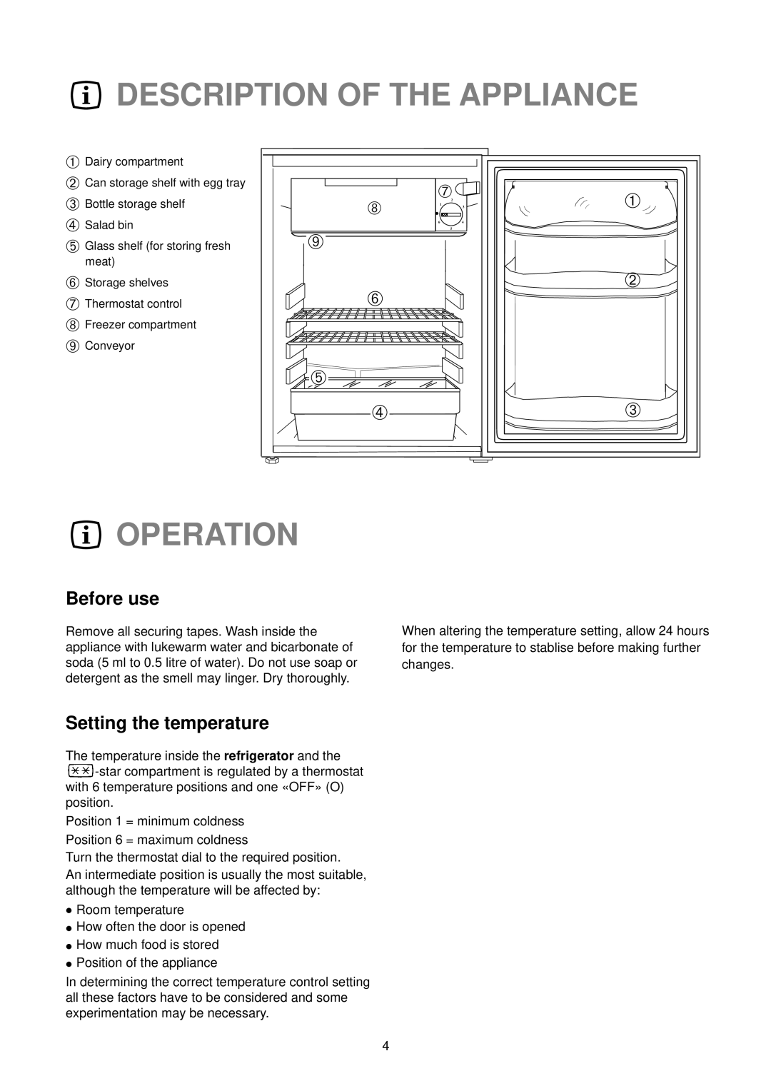 Zanussi ZR 25/1 W manual Description of the Appliance, Operation, Before use, Setting the temperature 