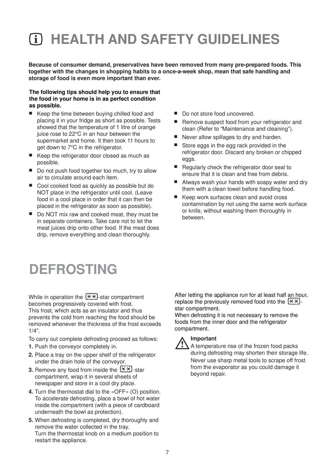 Zanussi ZR 25/1 W manual Health And Safety Guidelines, Defrosting 