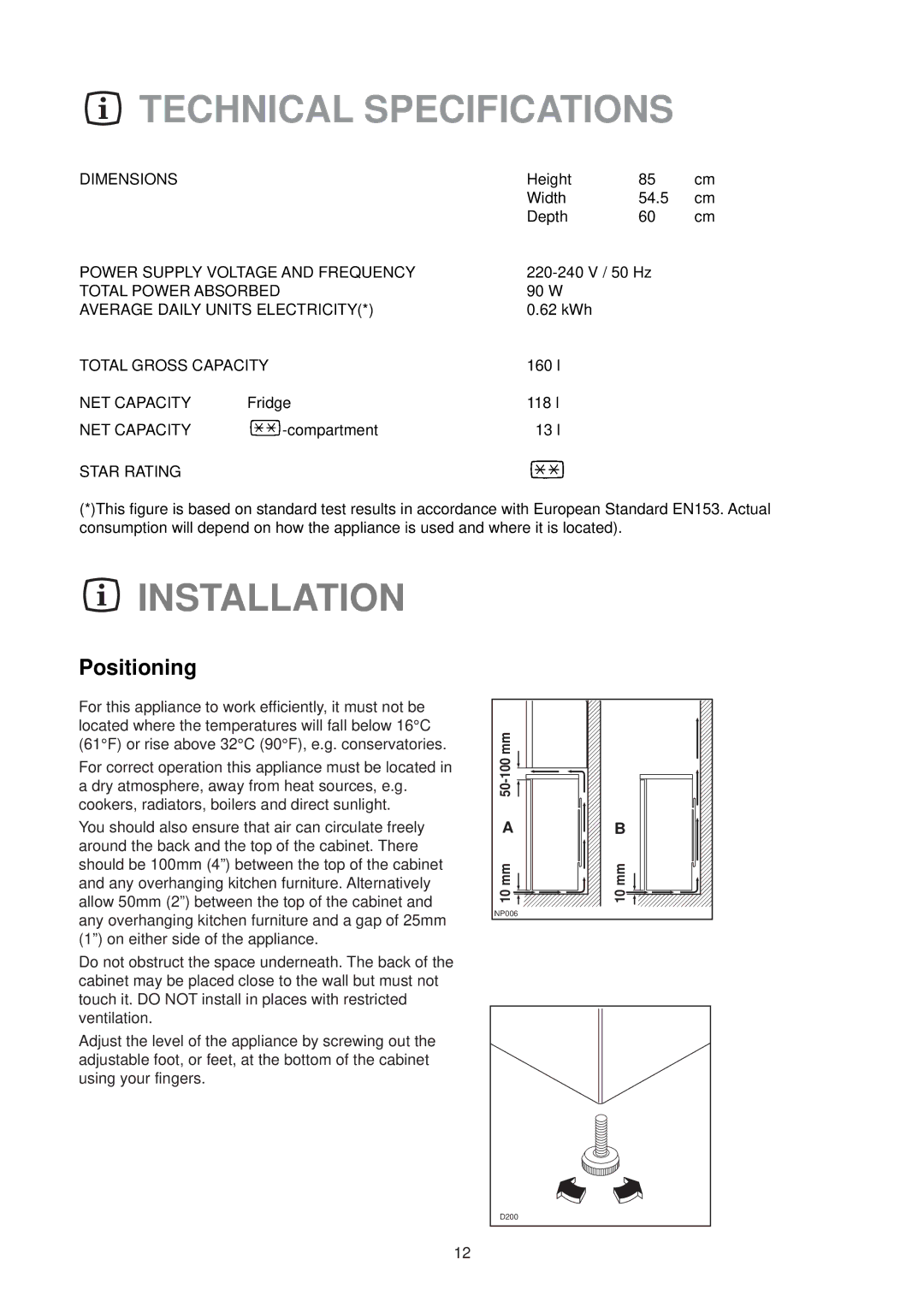 Zanussi ZR 65/1 SI, ZR 65/1 W manual Technical Specifications, Installation, Positioning 