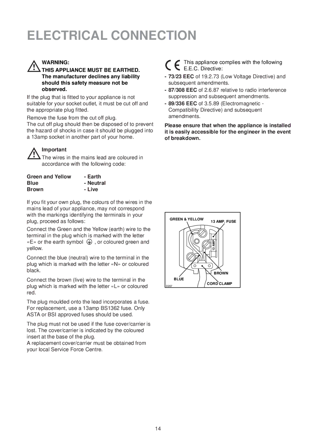 Zanussi ZR 65/1 SI, ZR 65/1 W manual Electrical Connection, Green and Yellow Earth Blue Neutral Brown Live 