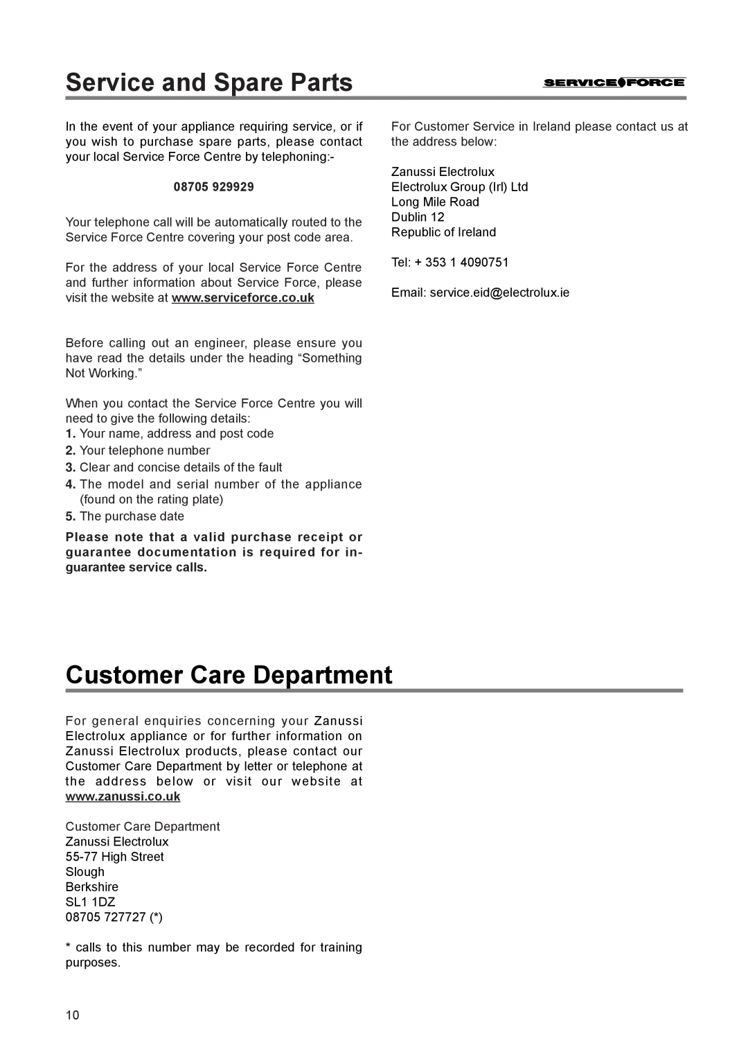 Zanussi ZR 66/4 SI manual Service and Spare Parts, Customer Care Department, 08705 