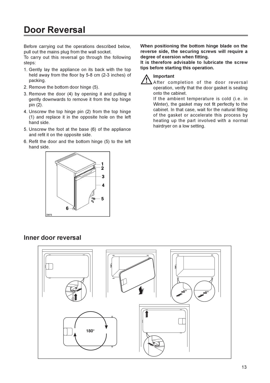 Zanussi ZR 66/4 SI manual Door Reversal, Inner door reversal 