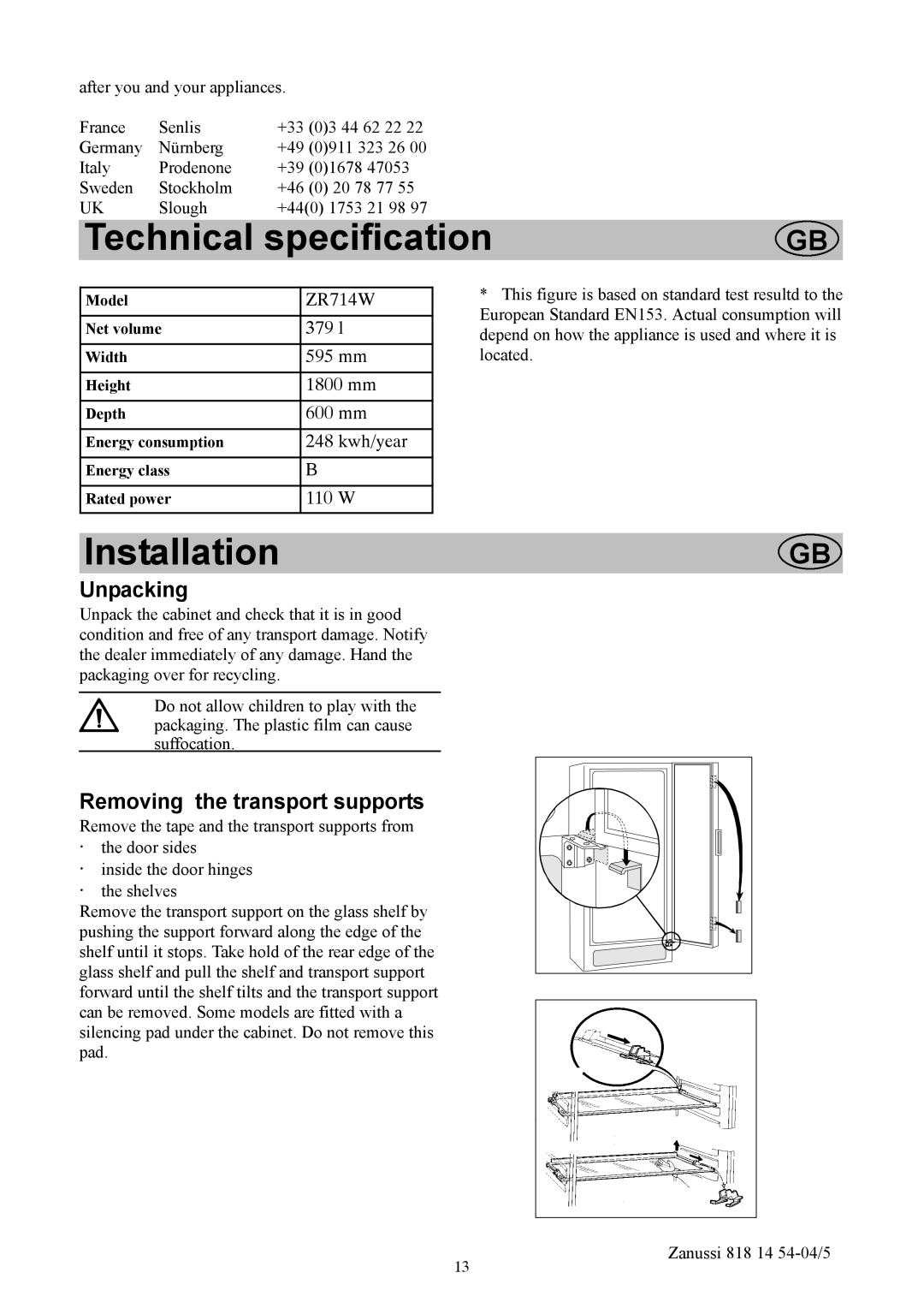 Zanussi ZR714W manual Unpacking, Removing the transport supports 