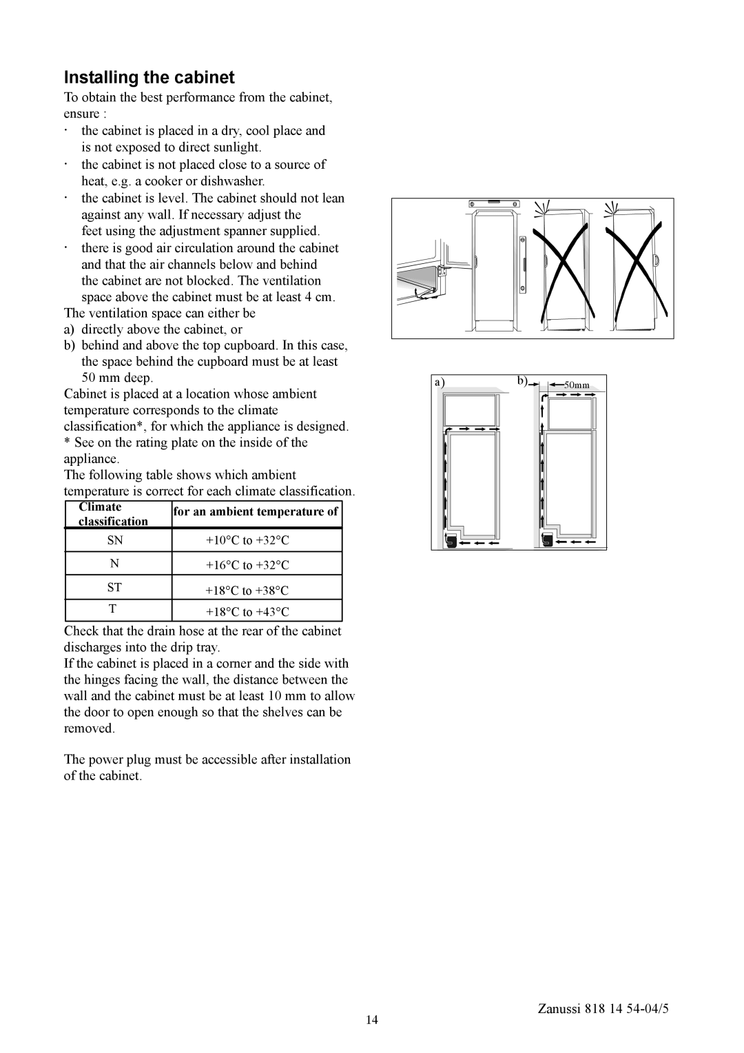 Zanussi ZR714W manual Installing the cabinet 