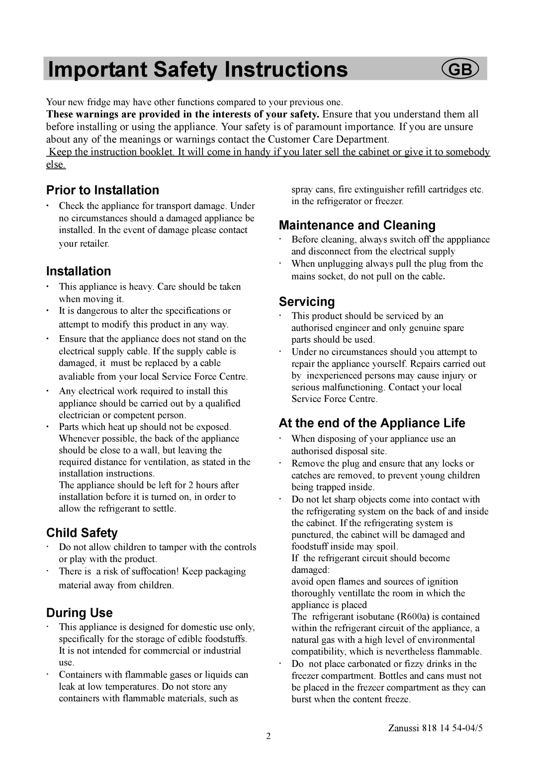 Zanussi ZR714W manual Prior to Installation, Child Safety, During Use, Maintenance and Cleaning, Servicing 