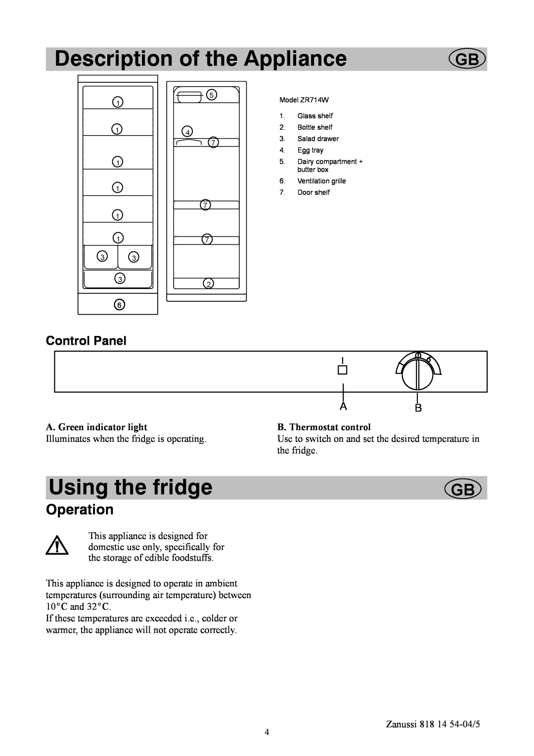 Zanussi ZR714W manual Description of the Appliance, Using the fridge, Operation, Control Panel, A. Green indicator light 