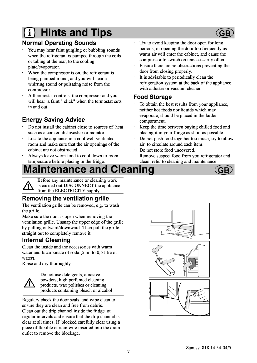 Zanussi ZR714W manual Hints and Tips, Maintenance and Cleaning, Normal Operating Sounds, Food Storage, Energy Saving Advice 
