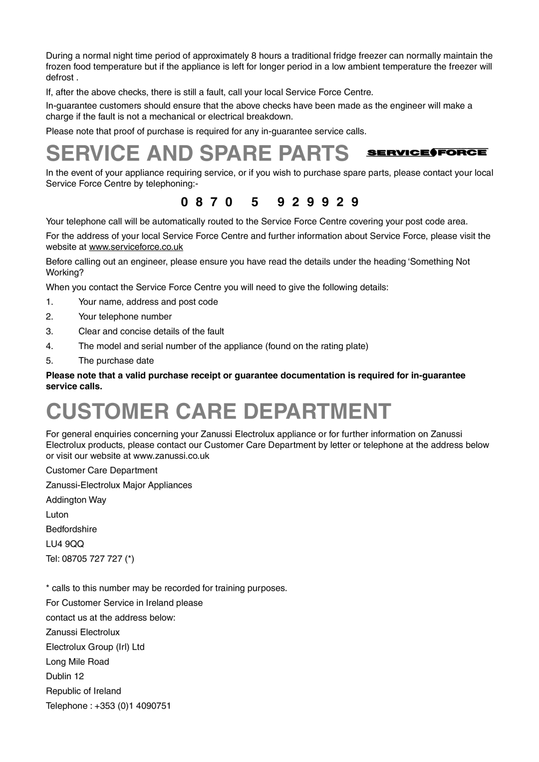 Zanussi ZRB 2530 W, ZRB 2530 S user manual Service And Spare Parts, Customer Care Department 