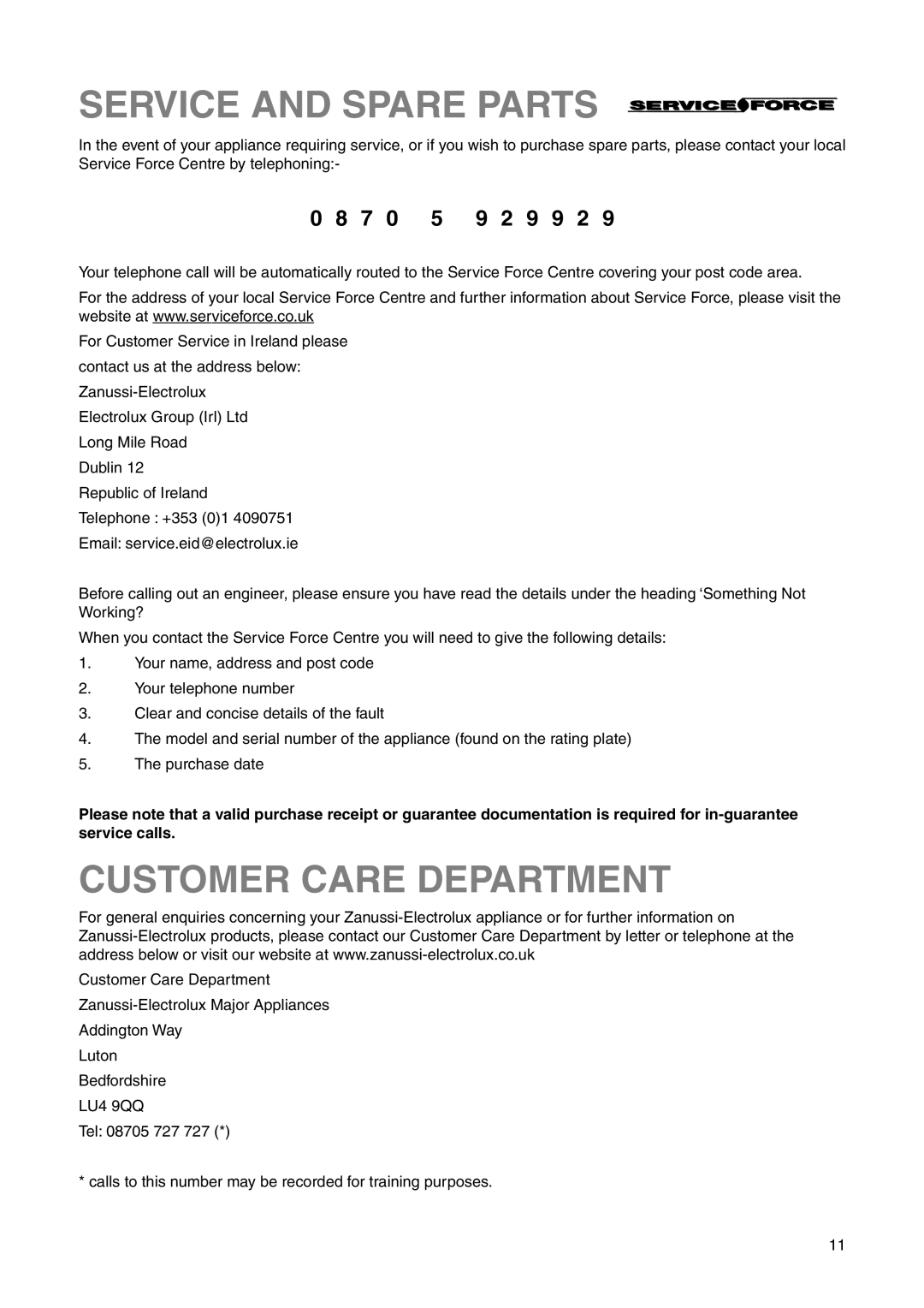 Zanussi ZRB 2625 S manual Service and Spare Parts, Customer Care Department, 9 9 2 