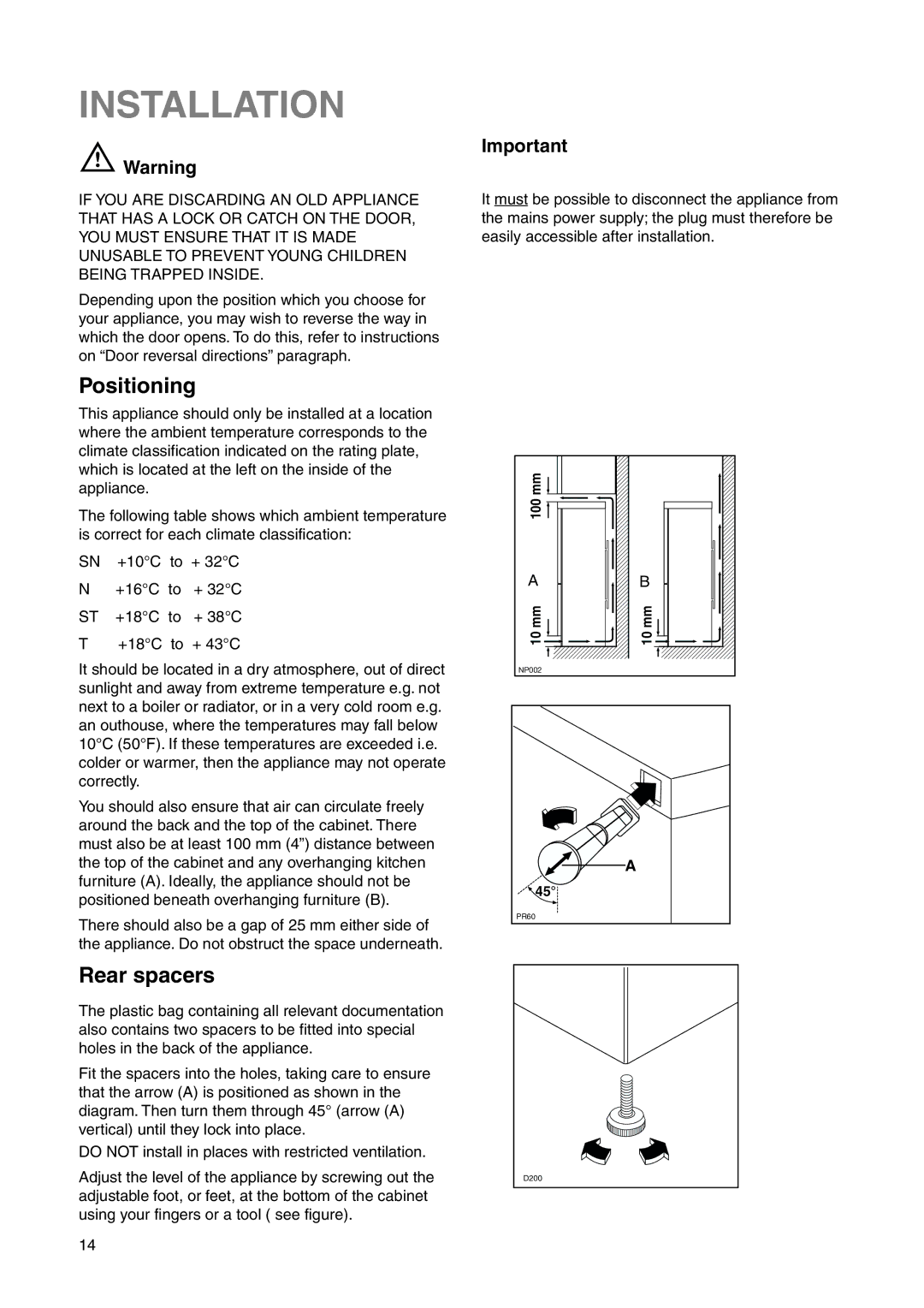 Zanussi ZRB 2625 S manual Installation, Positioning, Rear spacers 